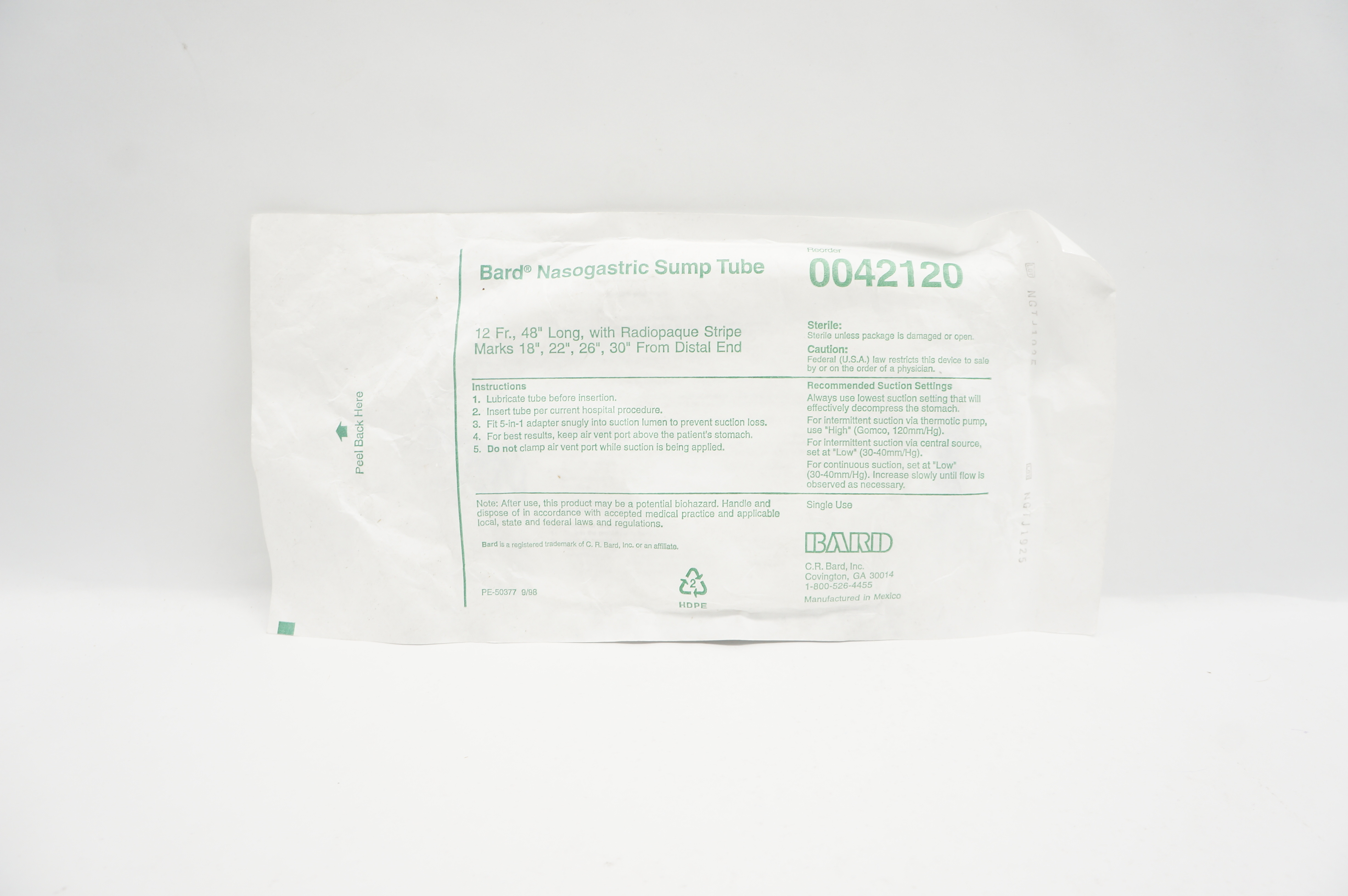 Bard 0042120 Nasogastric Sump Tube 12Fr. x 48inch