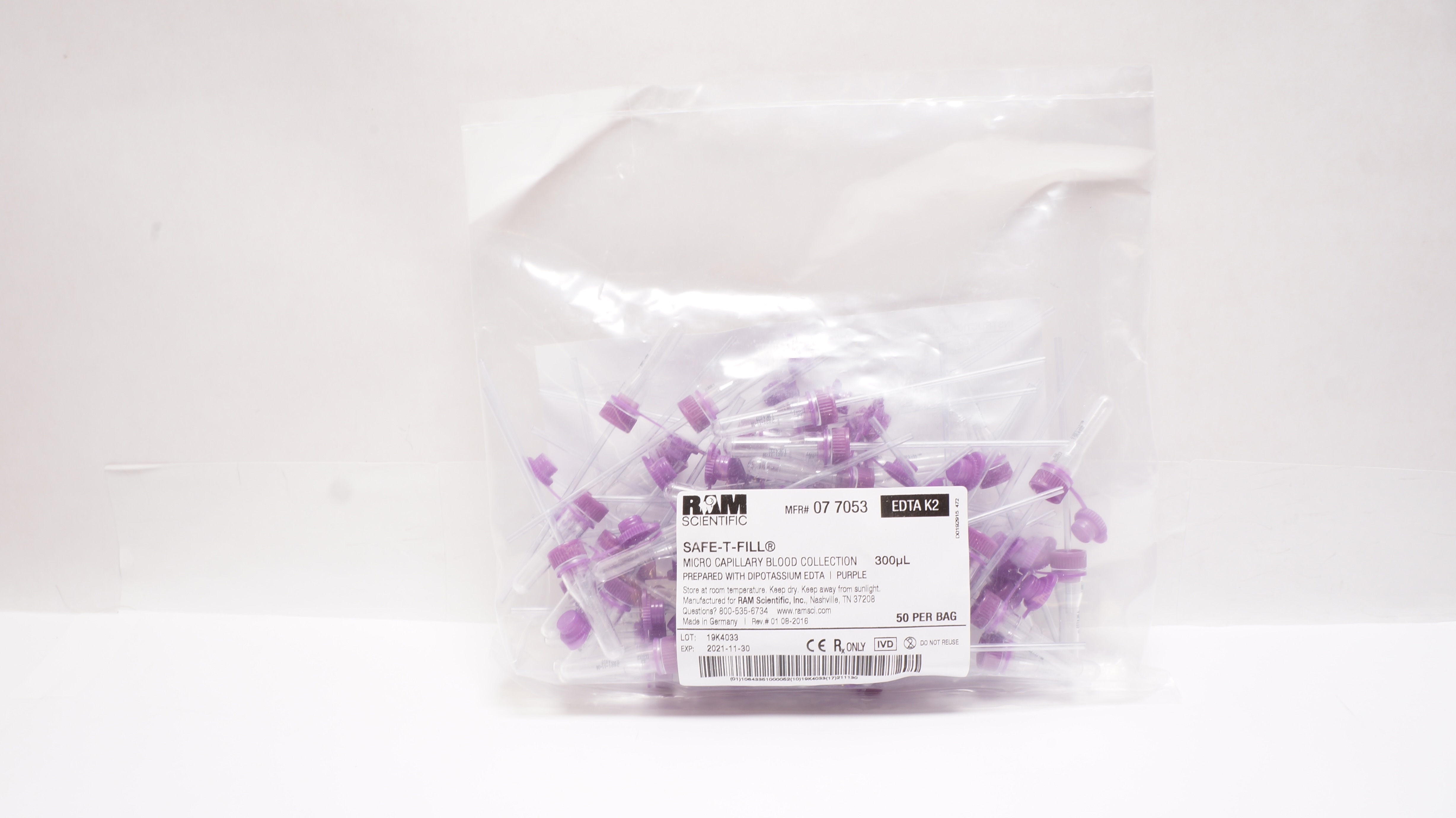 RAM Scientific 07 7053 Micro Capillary Blood Collection 300uL  - Pack of 50 (x)