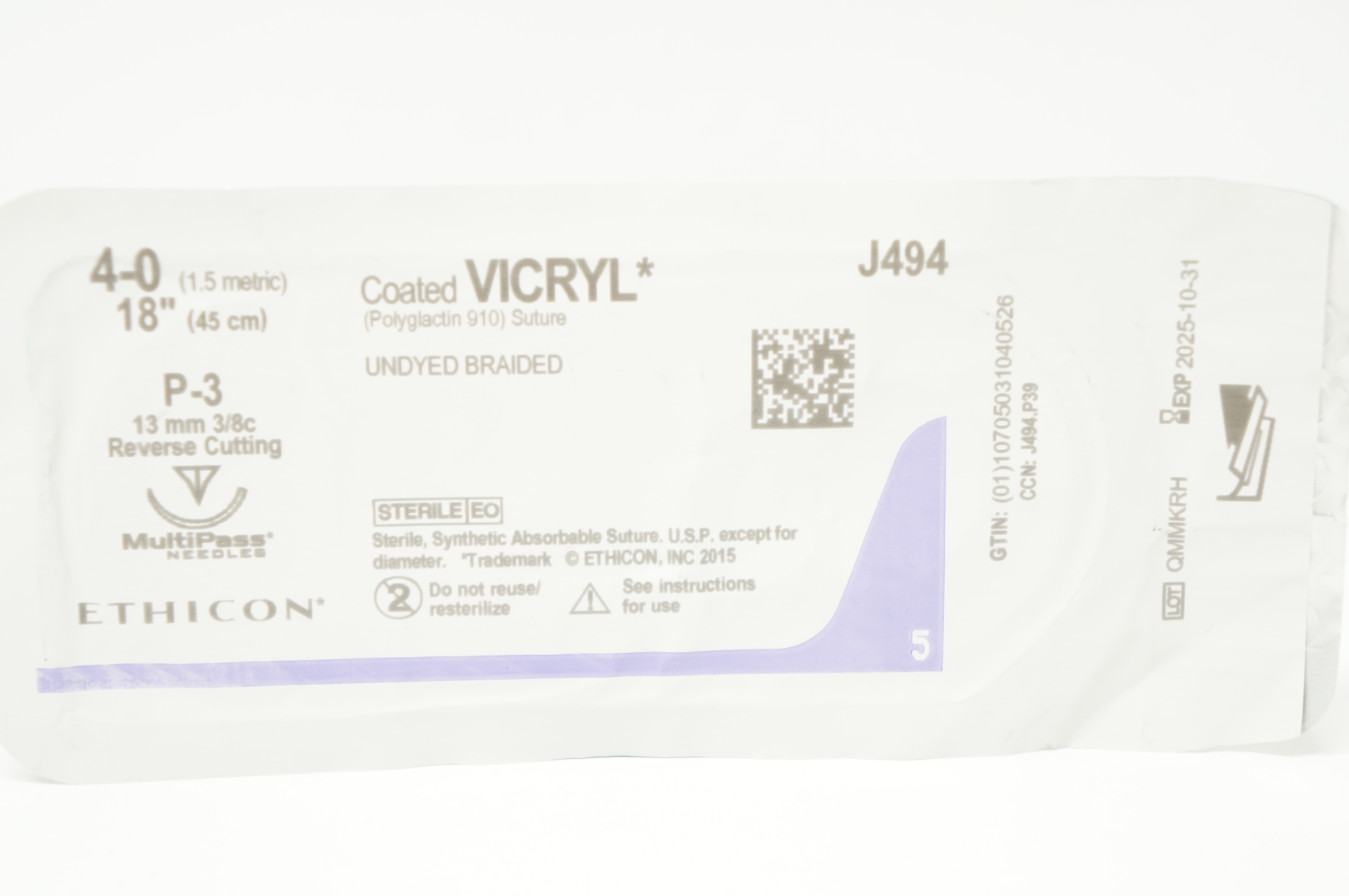 Ethicon J494 4-0 Coated VICRYL Stre P-3 13mm 3/8c Reverse Cutting 18inch