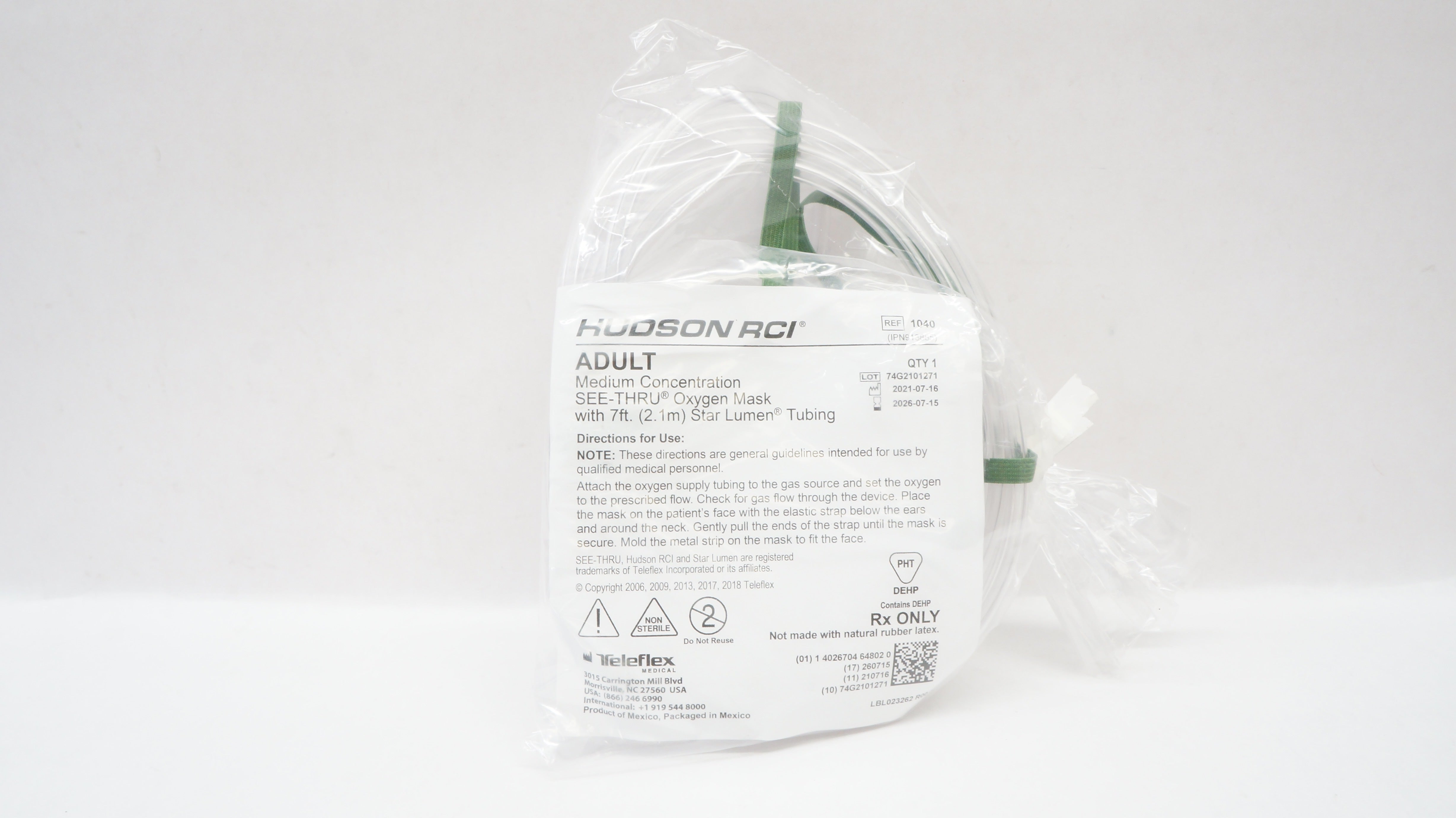 Hudson O2 Fae Mask Teleflex 1040 Hudson RCI Adult Medium Concentration See-Thru Oxygen Mask