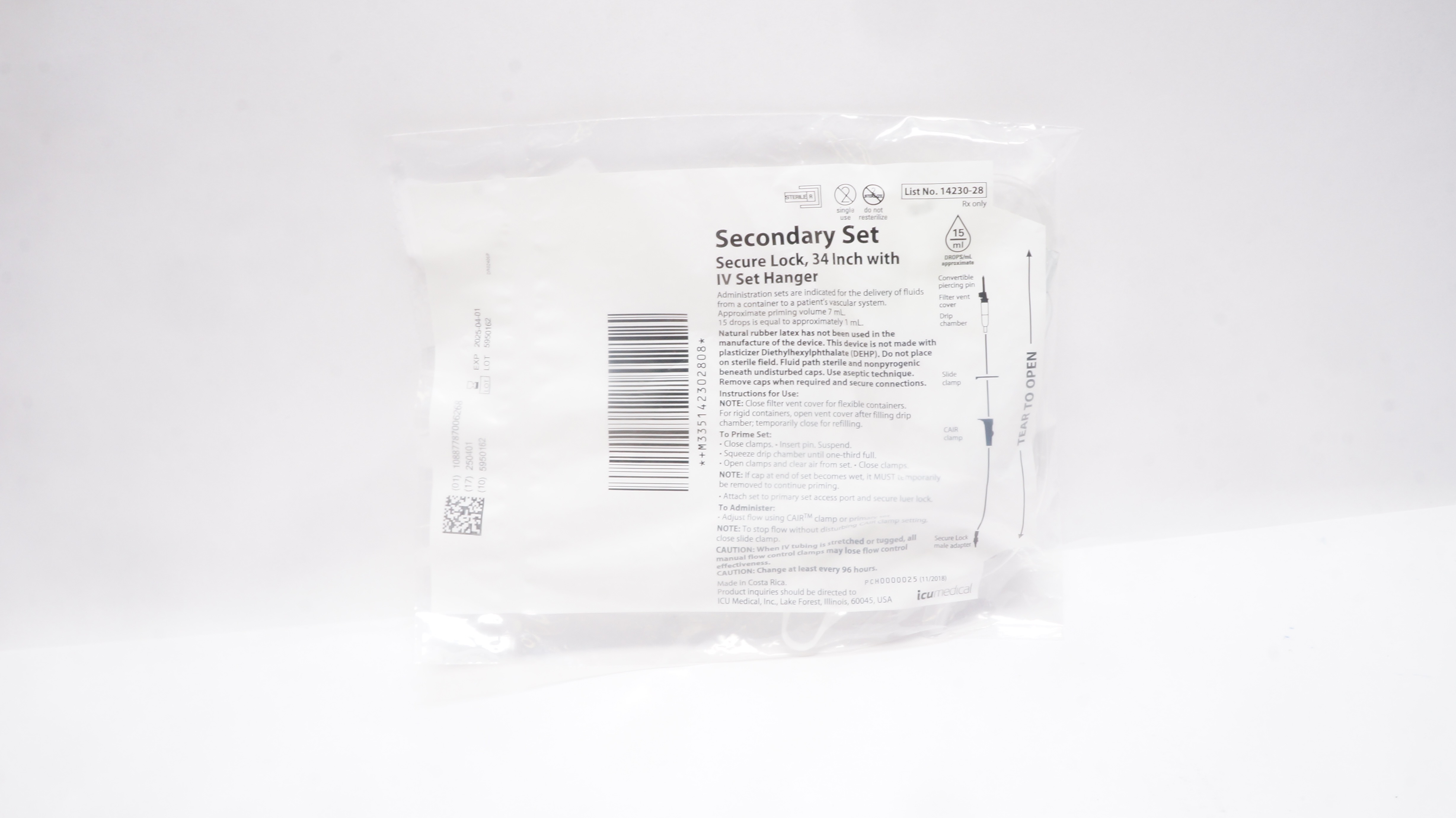ICU Medical 14230-28 Secondary Set Secure Lock 34inch w/IV Set Hanger15 Drops/mL