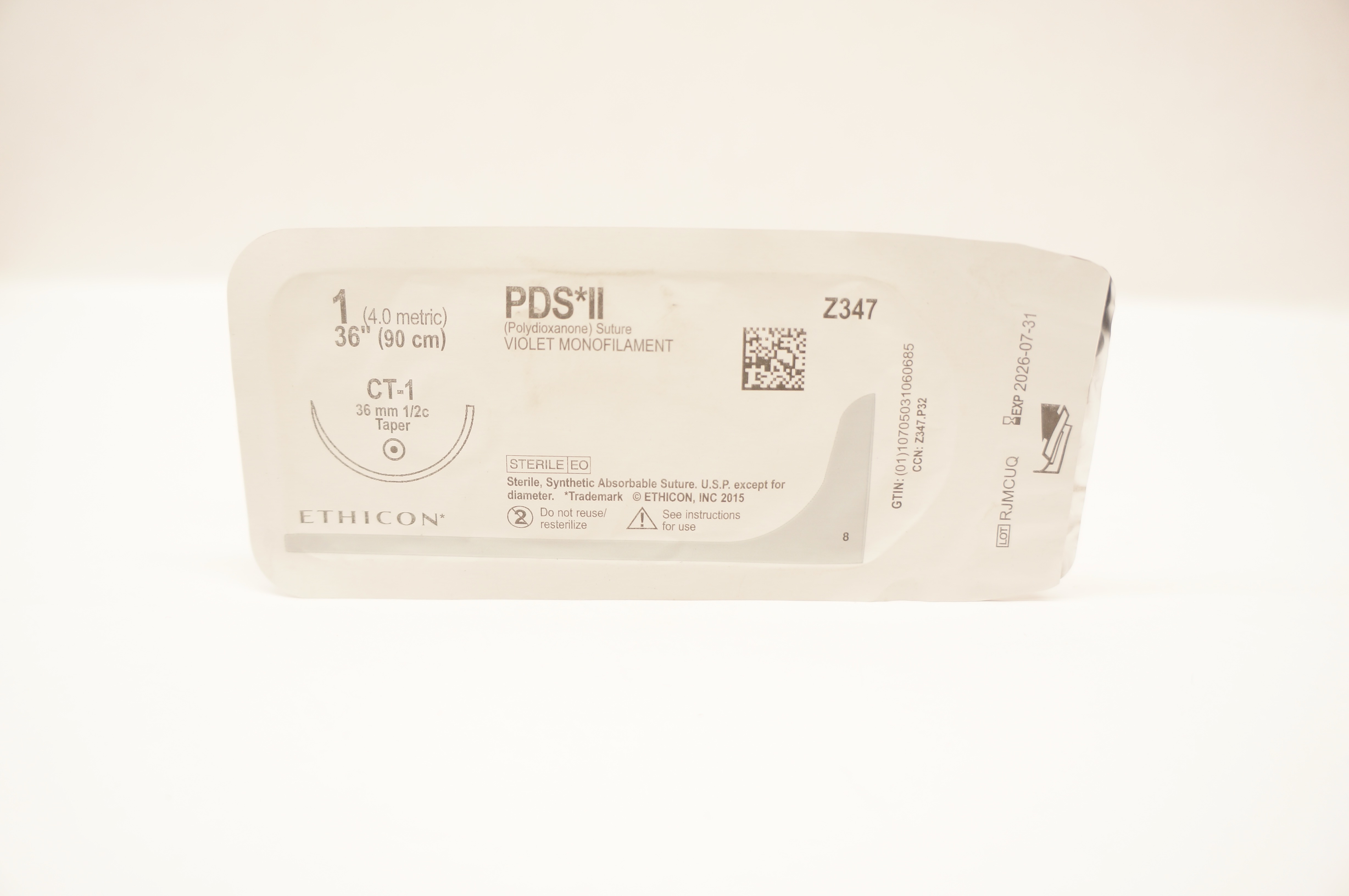 Ethicon Z347 1 PDS II Polydioxanone Stre CT-1, 36mm 1/2c Taper, 36inch