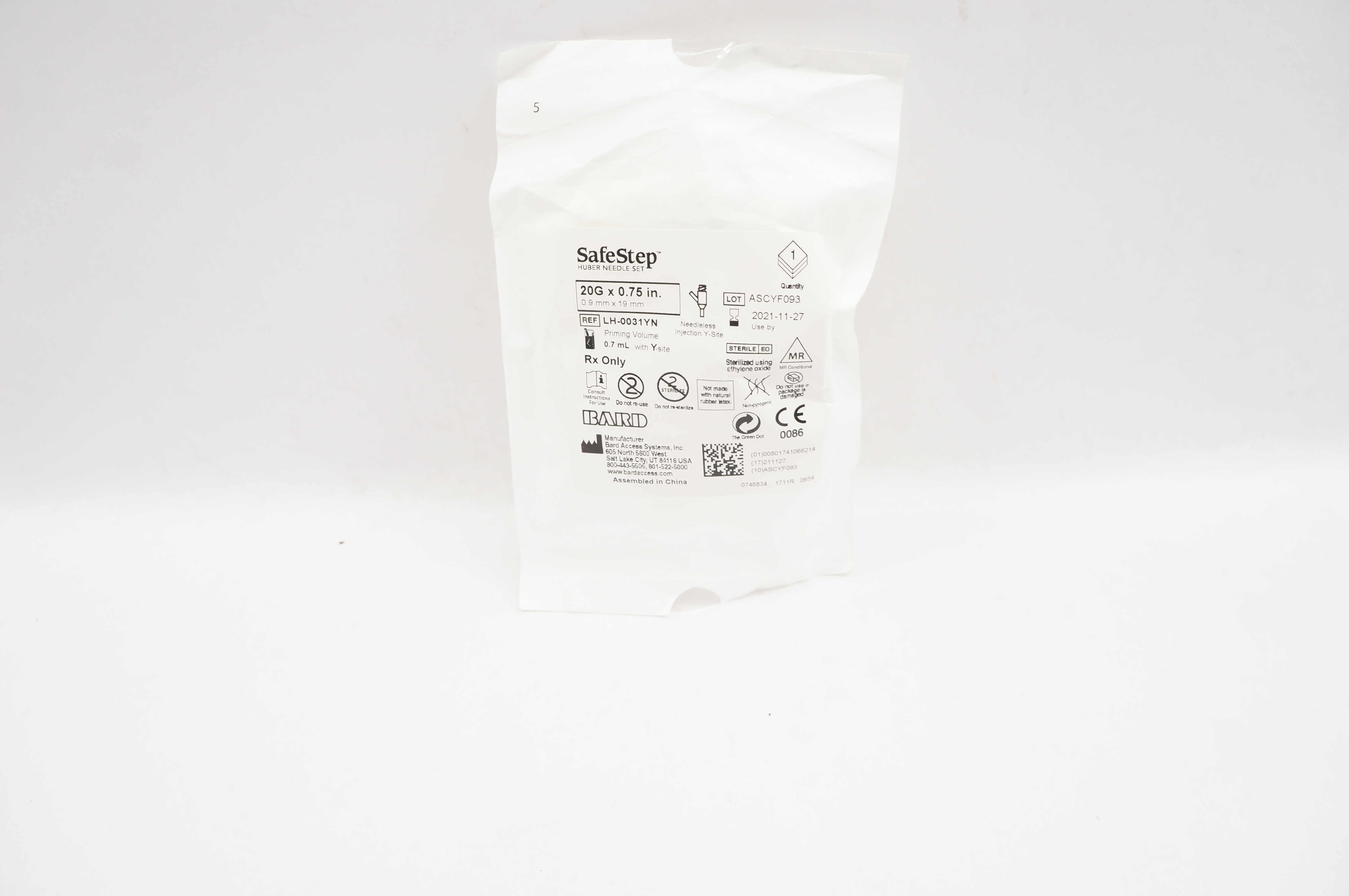 Bard LH-0031YN  SafeStep Huber Ndle. Set 20G x 0.75inch 0.7mL (x)