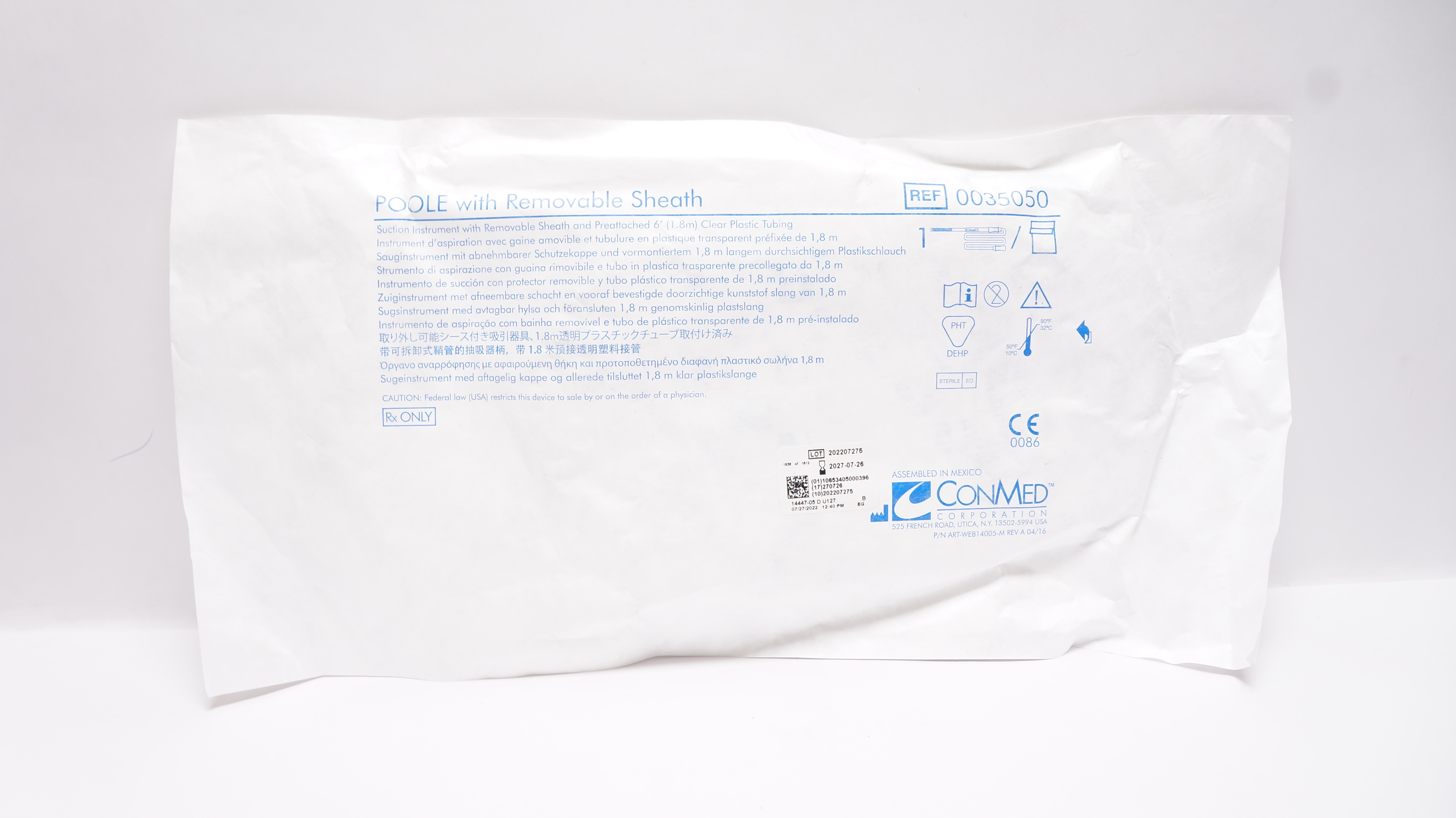 ConMed 0035050 POOLE Suction Instrument W/Removable Sheath w/Tubing 6Ft