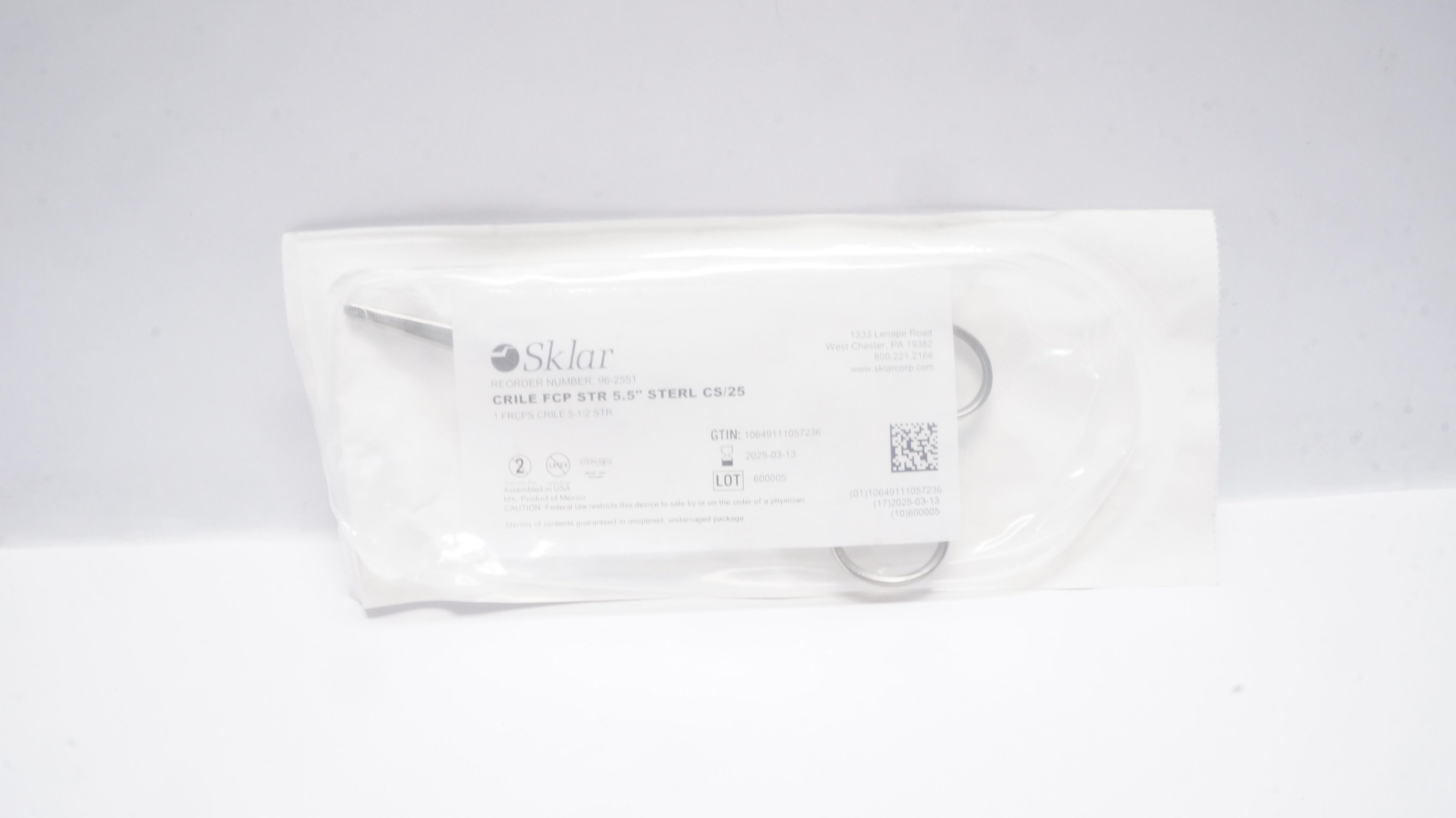 Sklar 96-2551 Crile Sterile Forceps, 5.5inch