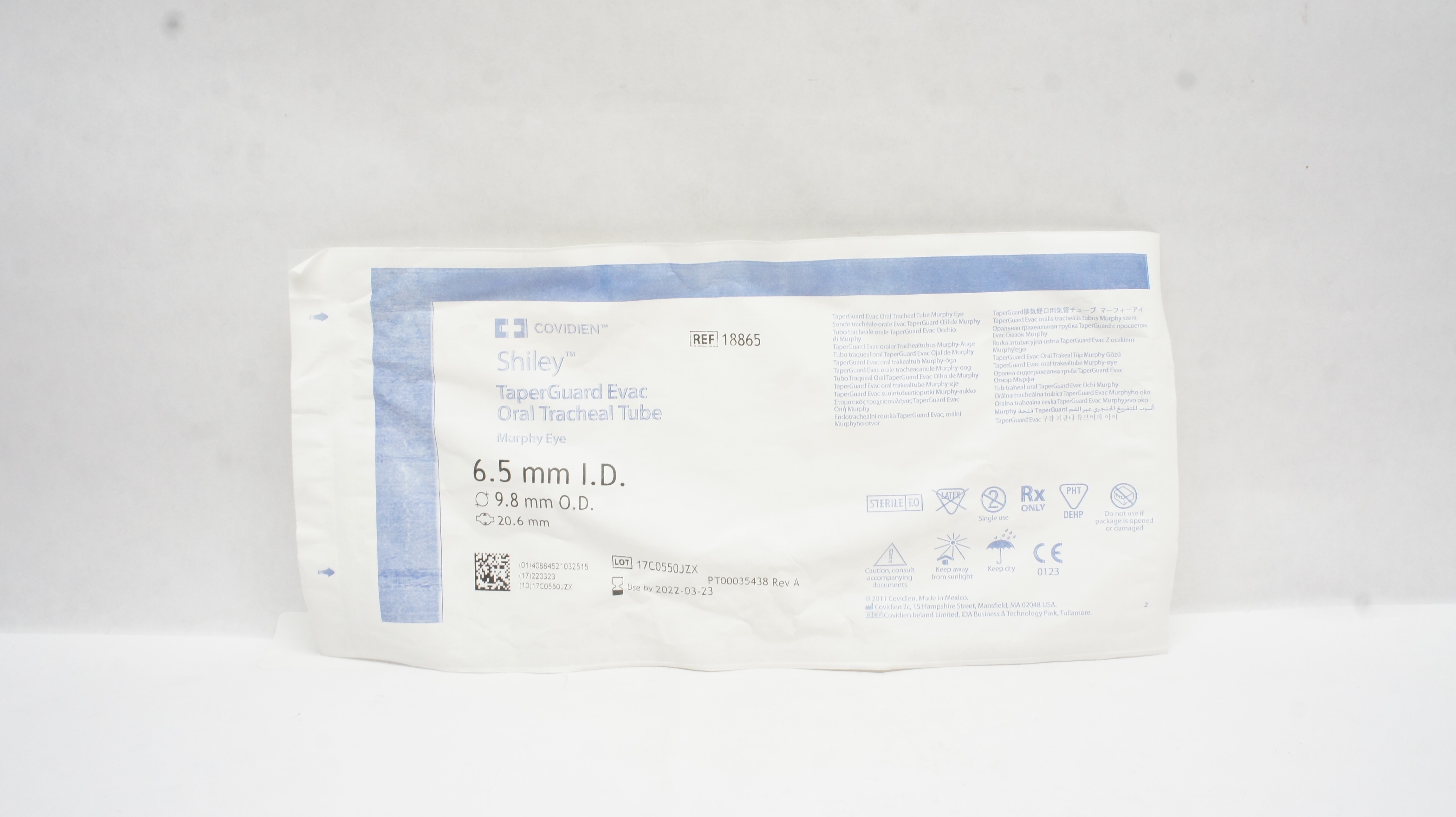Covidien 18865 Shiley TaperGuard Evac Oral Tracheal Tube 6.5 x 9.8mm x 20.6mm(x)