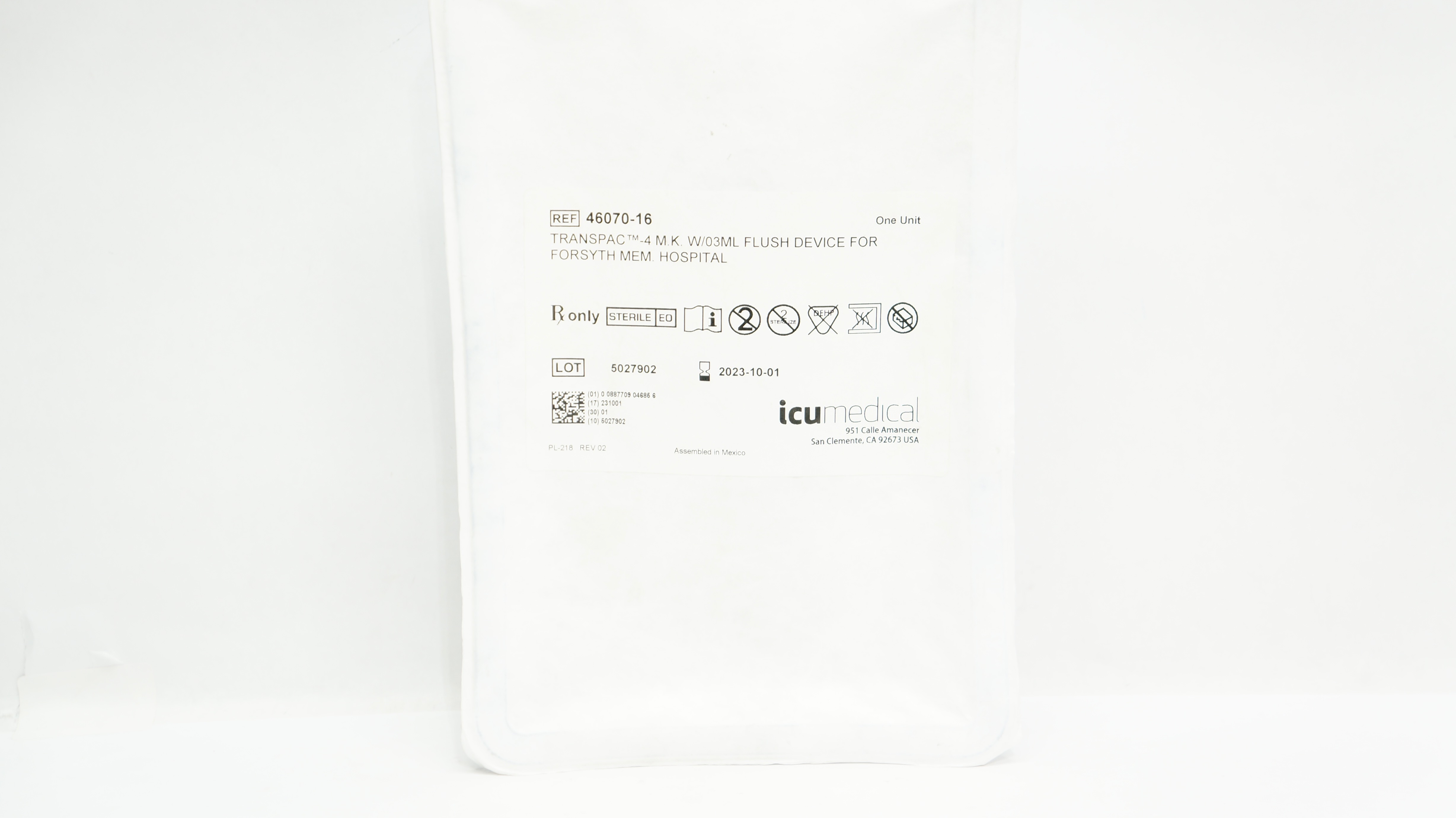 IcuMedical 46070-16 Transpac-4 M.K. W/03 mL Flush Device