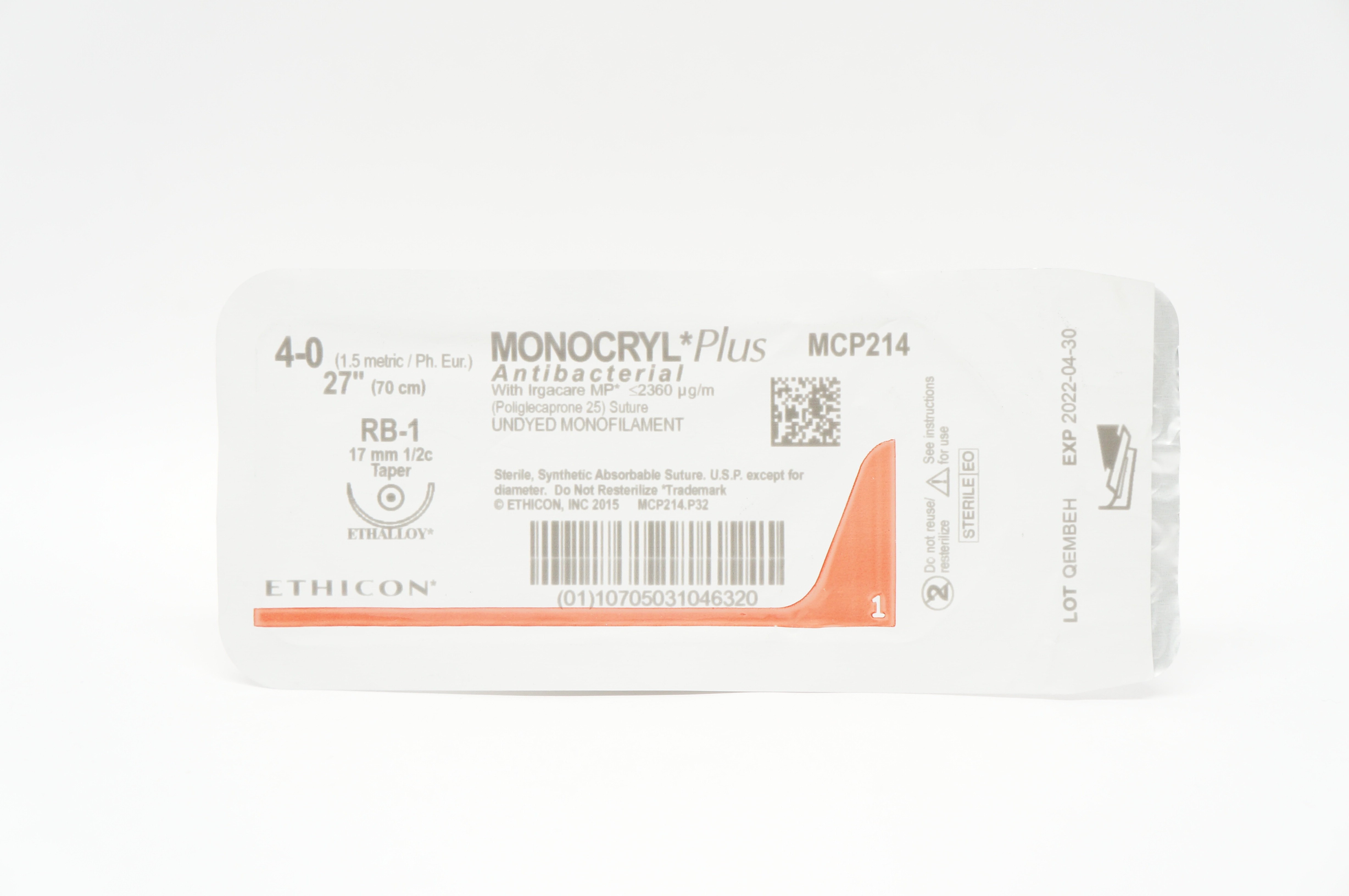 Ethicon MCP214 4-0 Monocryl Plus Antibacterial RB-1 17mm 1/2c Taper, 27inch (x)