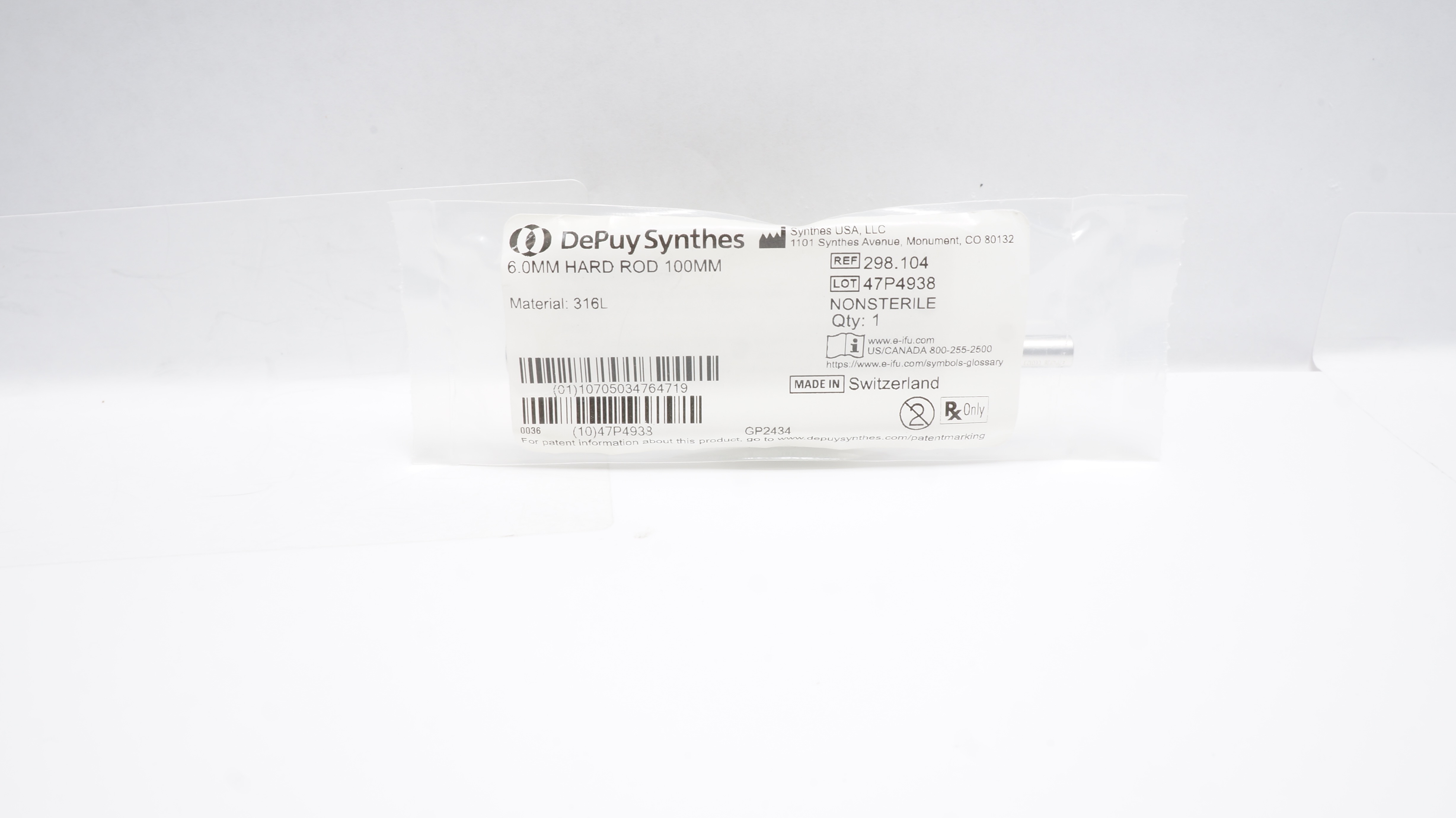DePuy Synthes 298.104 Hard Rod, Material 316L, 6.0mm x 100mm
