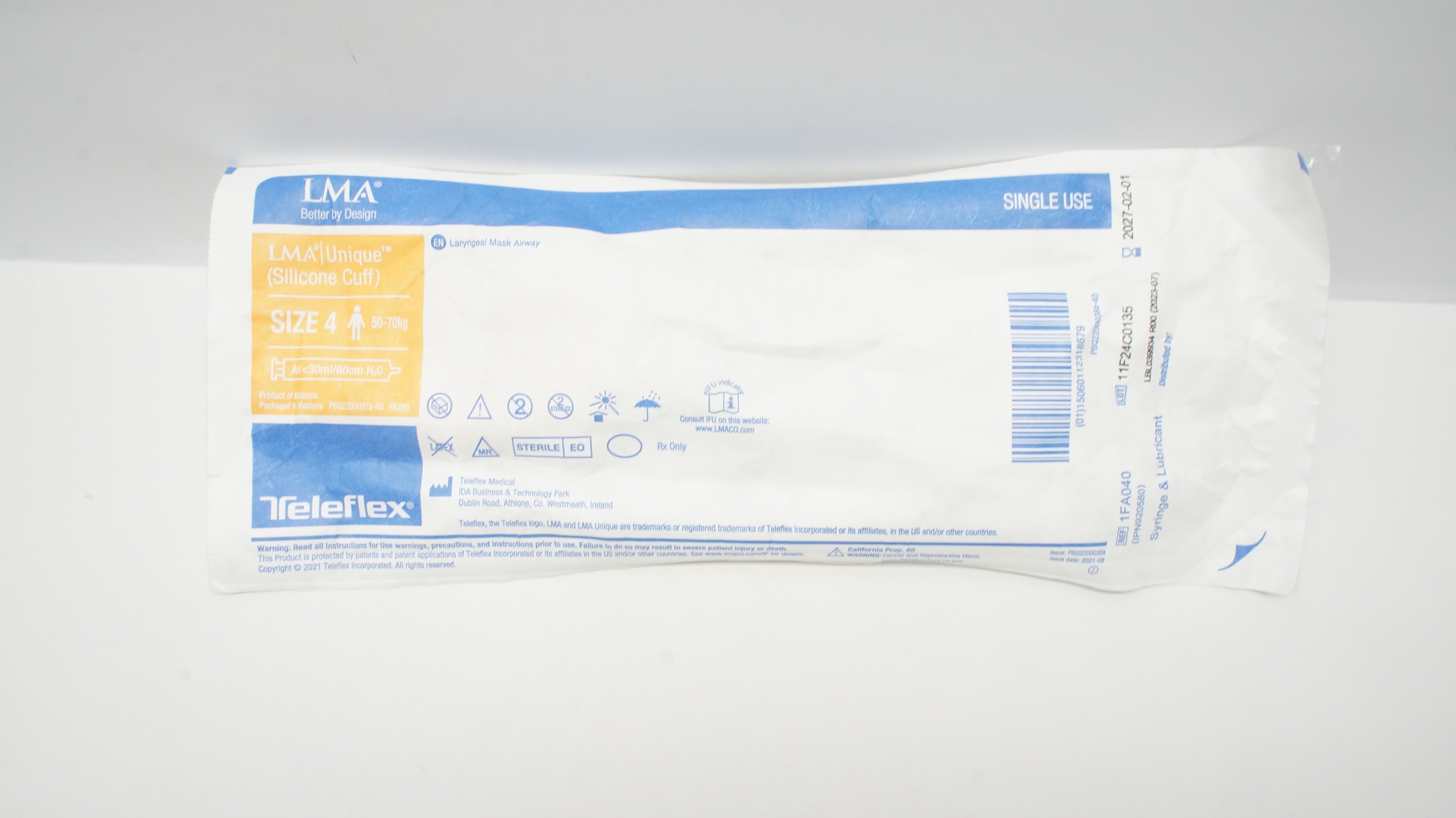 Teleflex 1FA040 LMA Unique Laryngeal Mask Airway Size 4 50-70kg <30ml/60cm H2O