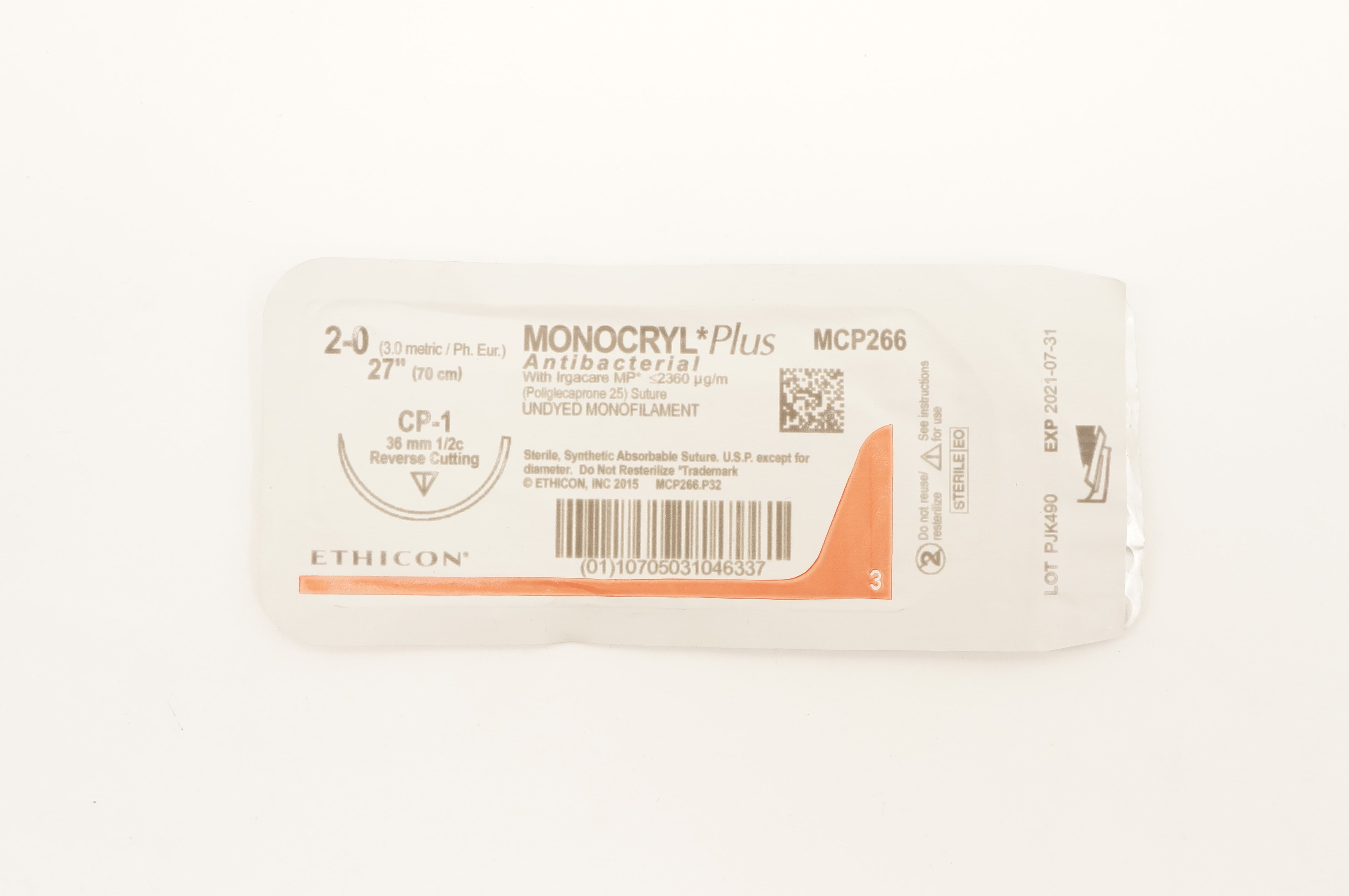 Ethicon MCP266 2-0 Monocryl Plus Stre CP-1 36mm 1/2c 27inch (x)