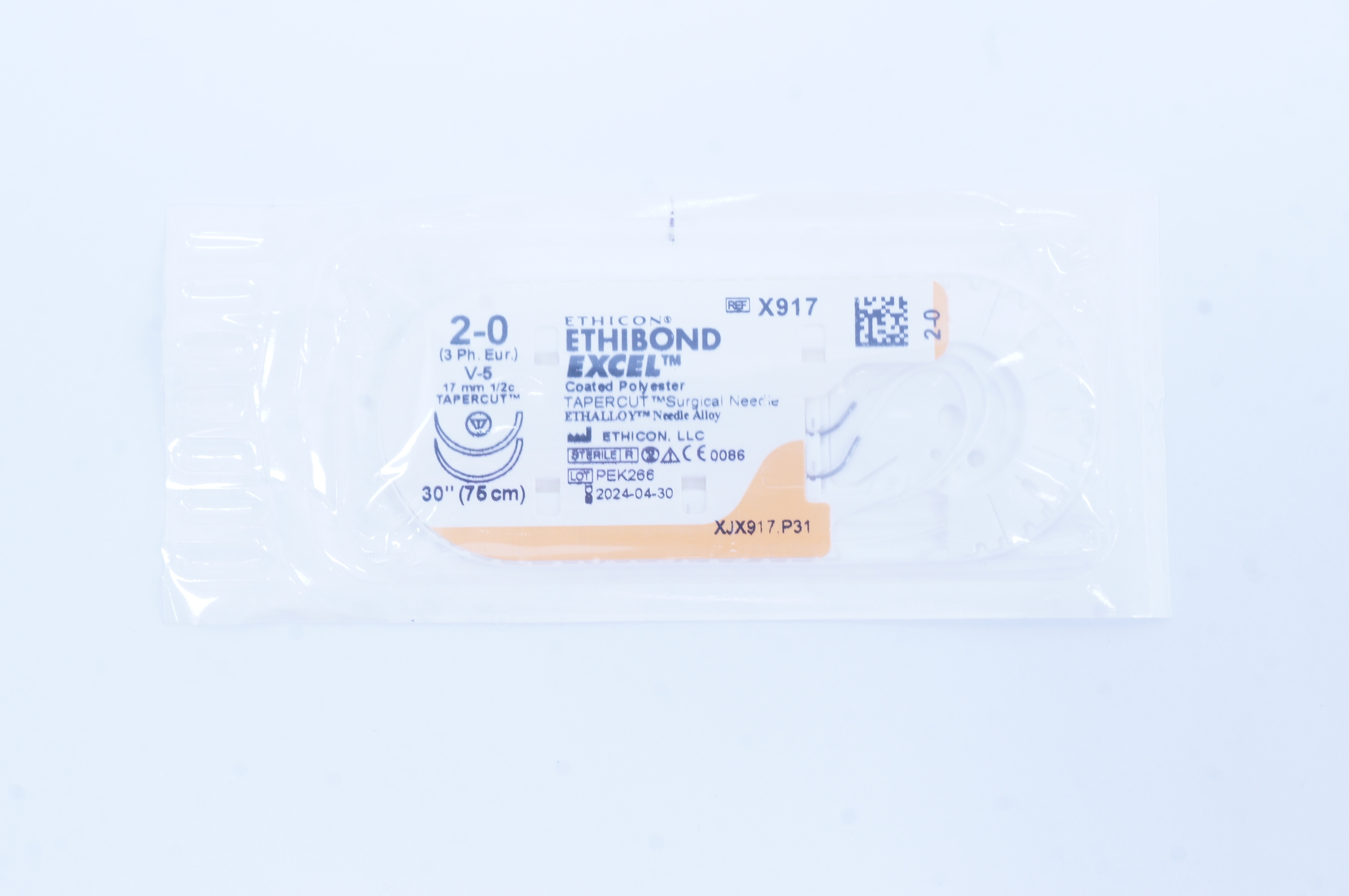 Ethicon X917 2-0 Ethibond Excel Coated Polyester V-5 17mm 1/2c Tapercut, 30 inch