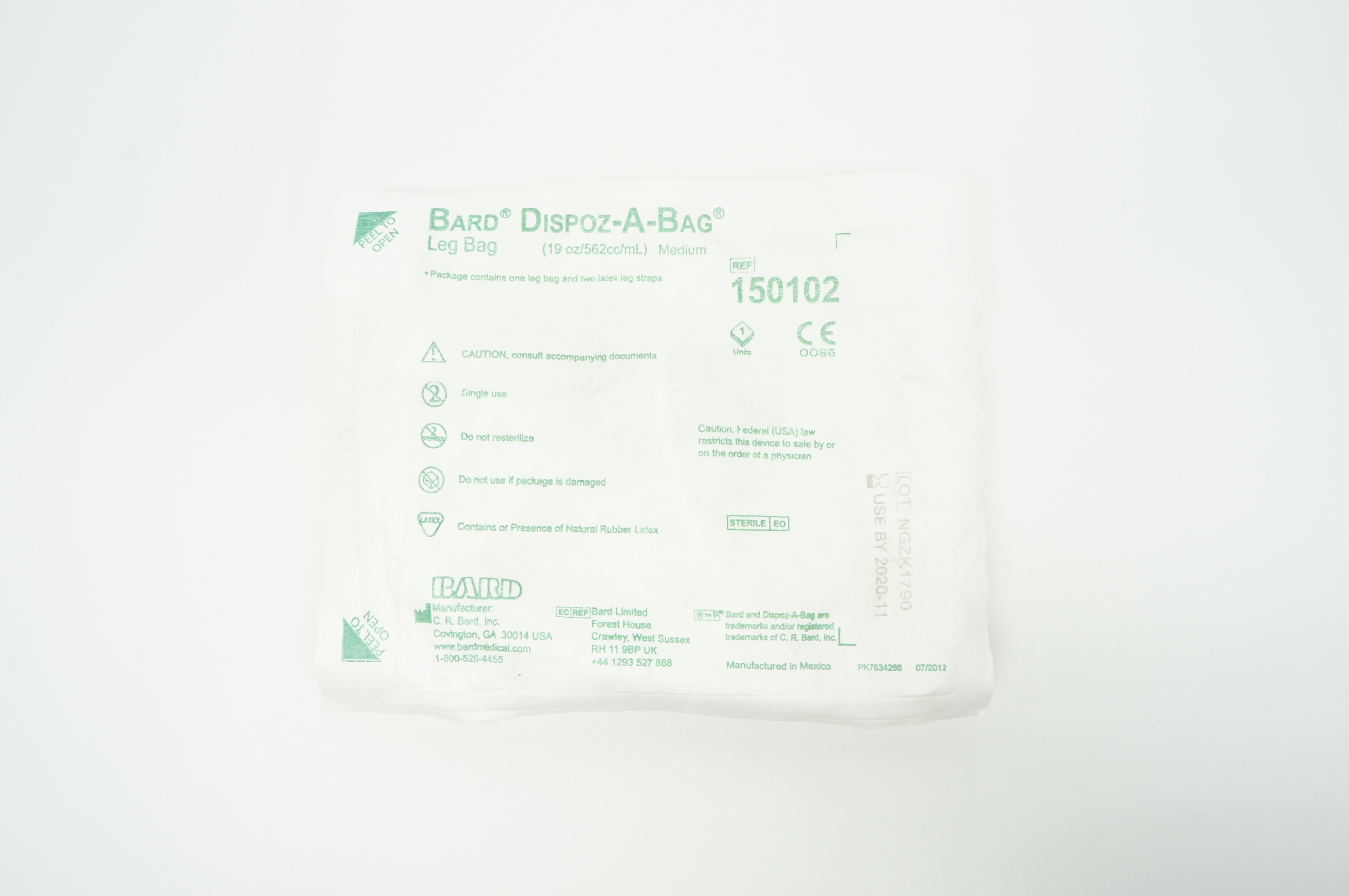 Bard 150102 Dispoz-A-Bag Medium Leg Bag and Two Latex Leg Straps