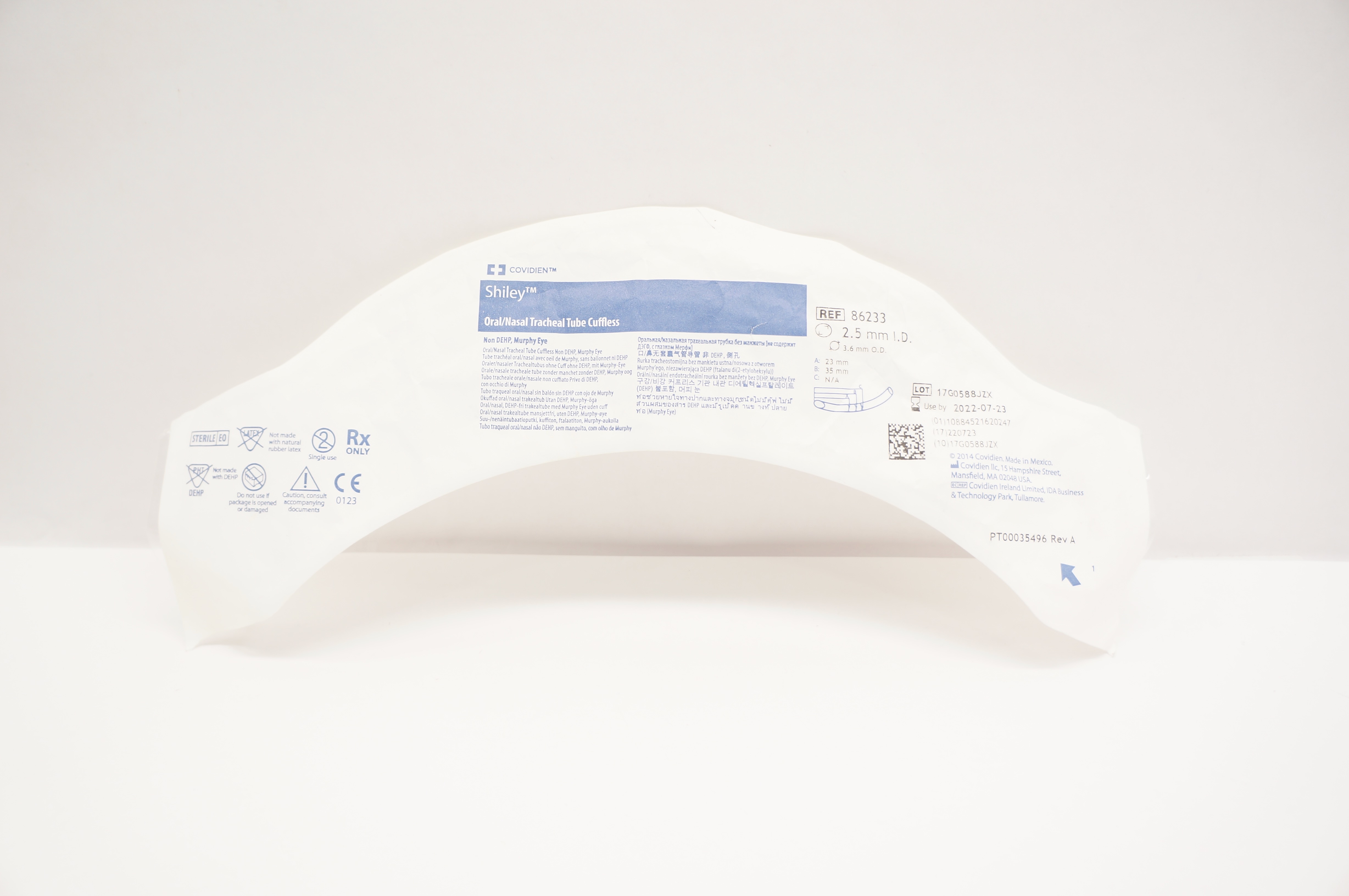 Covidien 86233 Shiley Oral/Nasal Tracheal Tube Cuffless 2.5mm I.D. x 3.6mm O.D.