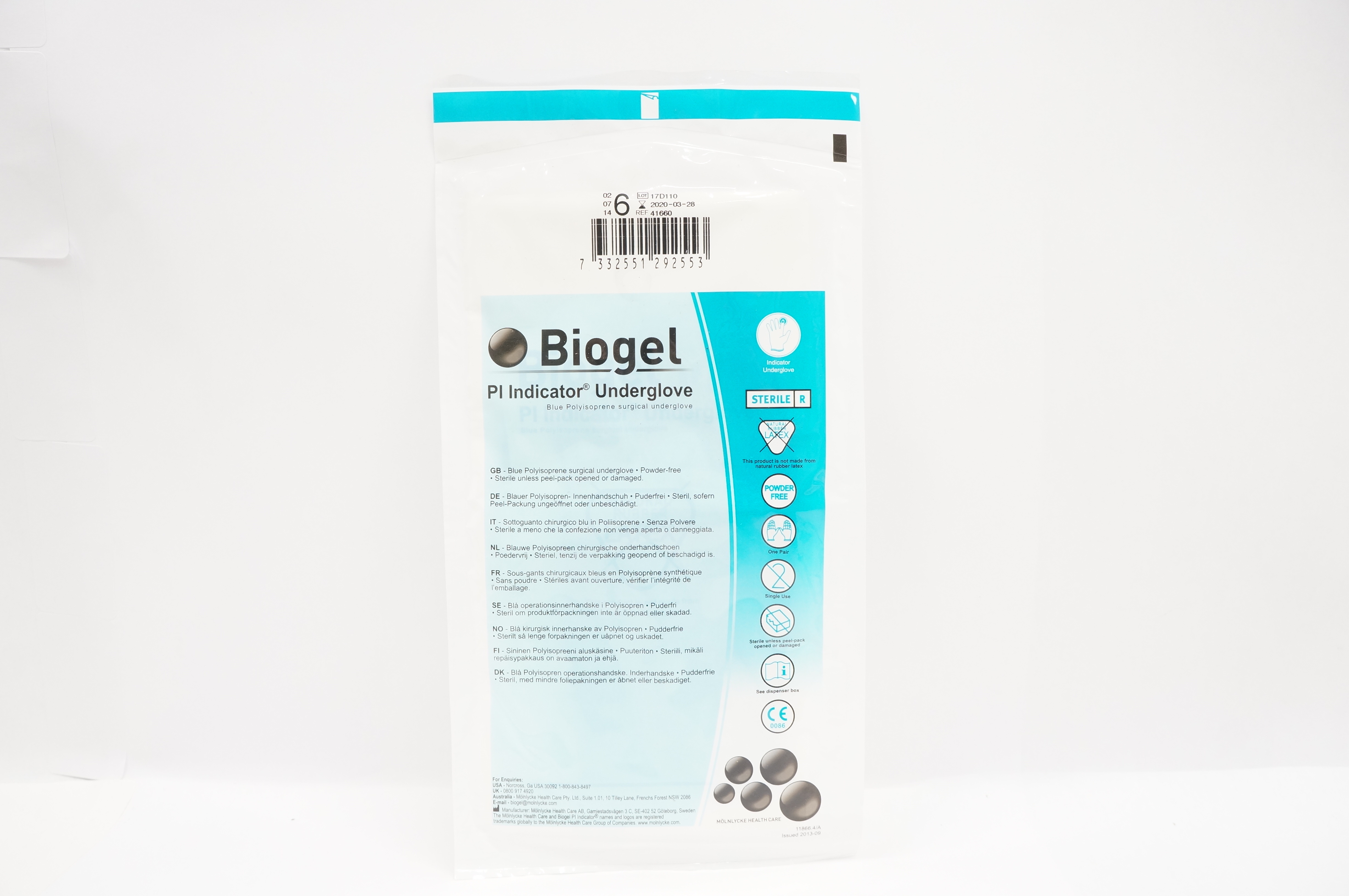 Molnlycke Health Care 41660 Biogel Pl Indicator Underglove, 6 (x)