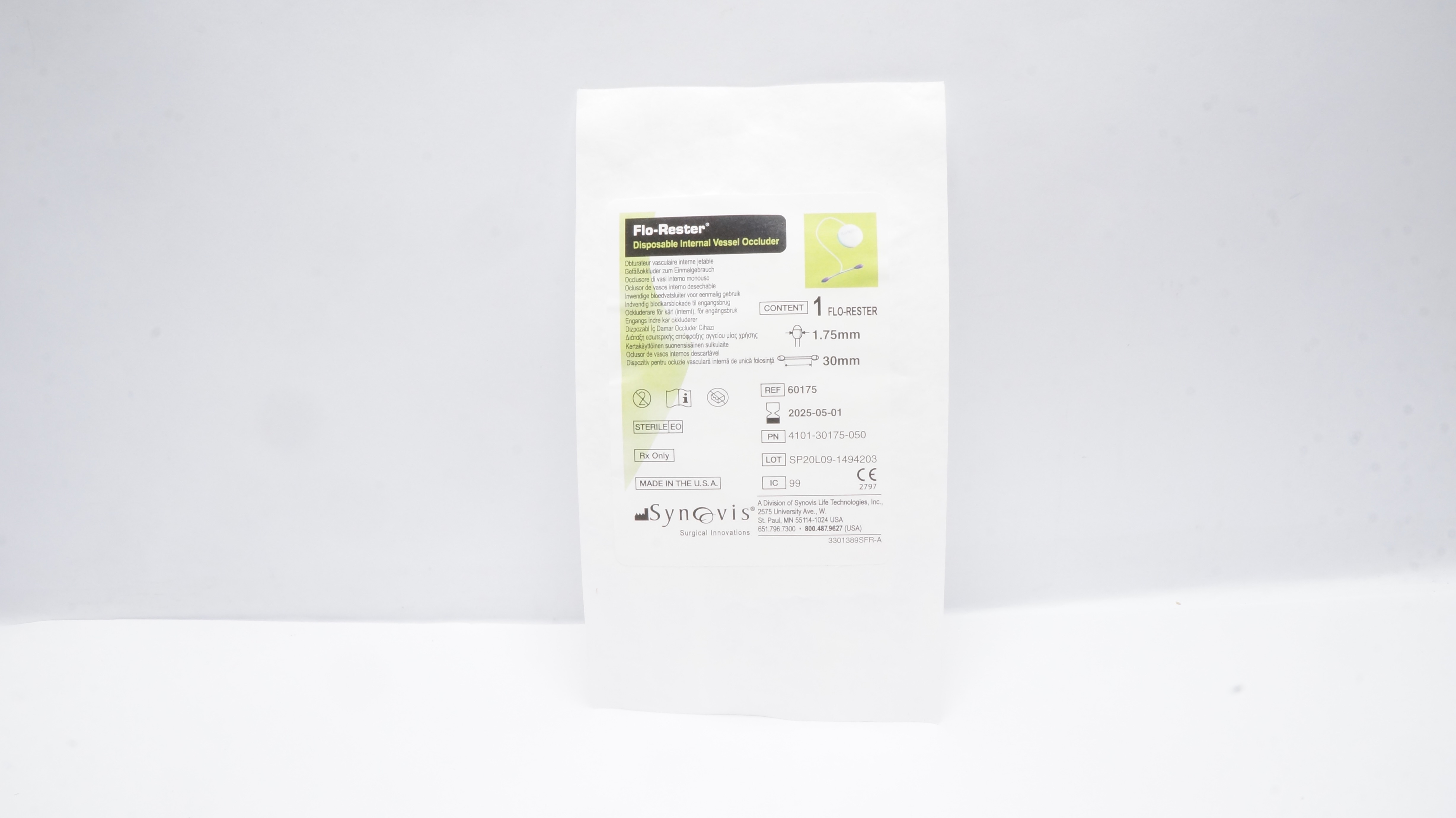 Synovis 60175 Flo-Rester Disposable Internal Vessel Occluder 1.75mm x 30mm