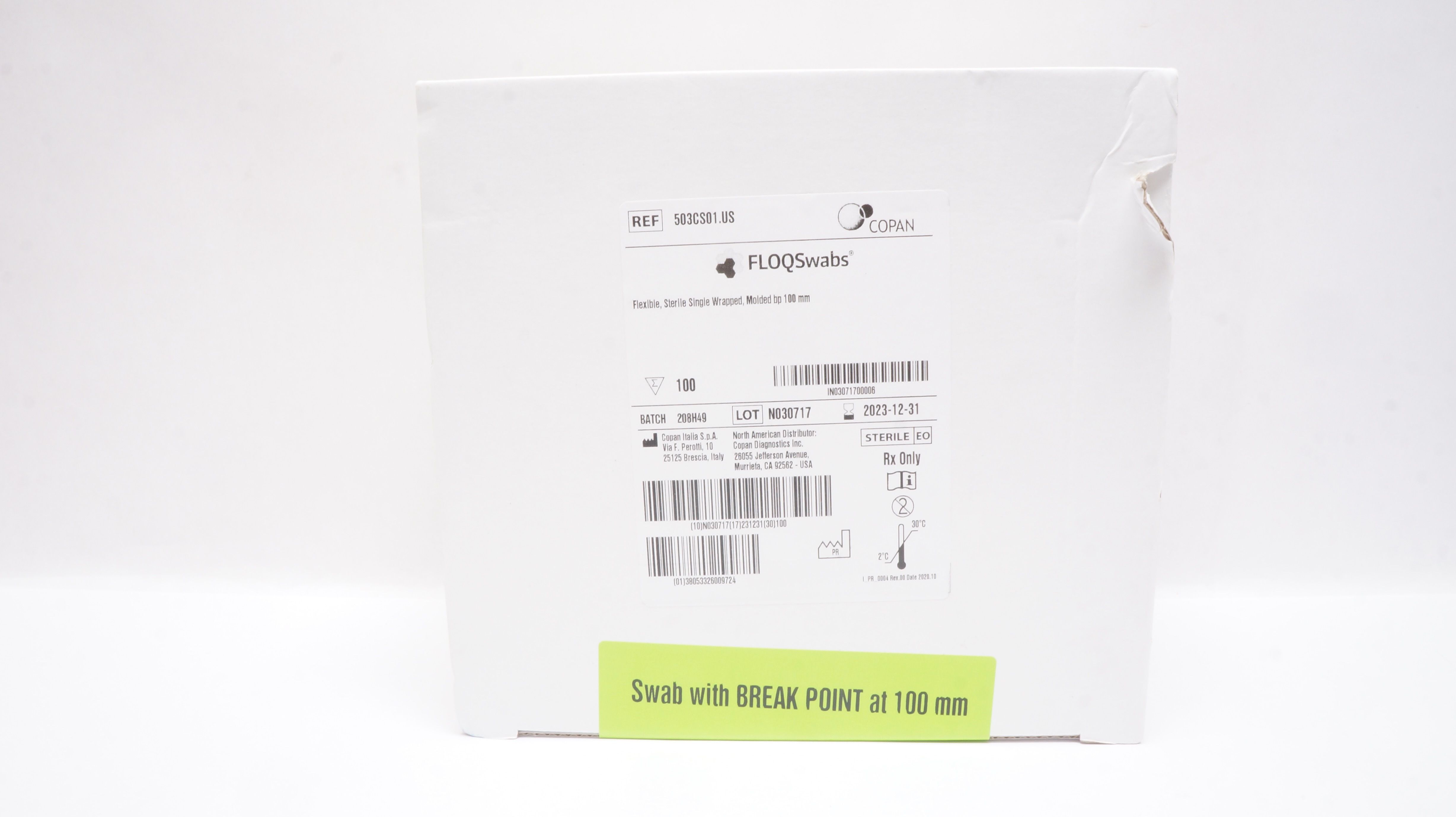 Copan 503CS01.US FLOQSwabs Flexible Single Wrapped, Molded bp 100mm - Box of 100