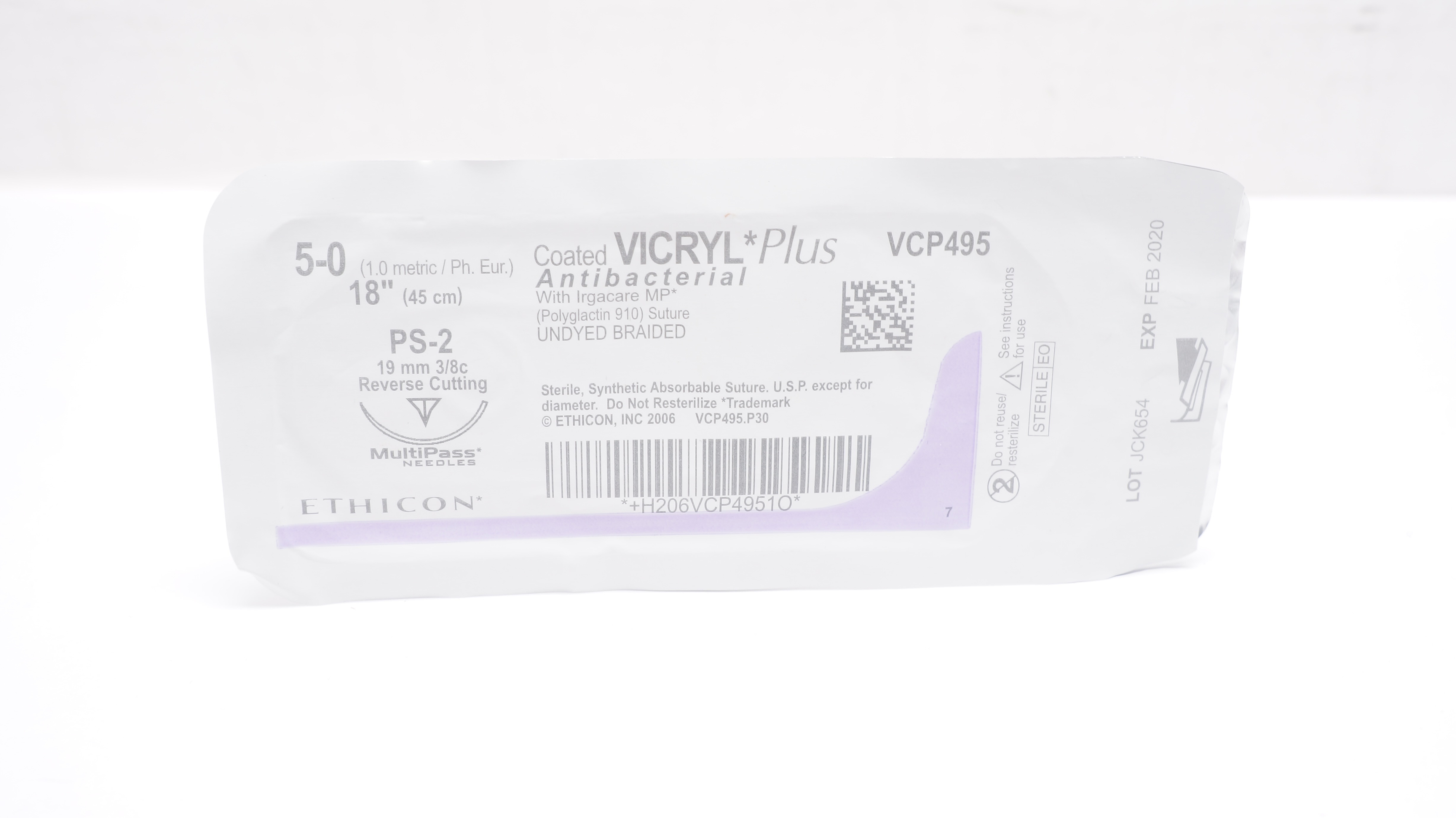 Ethicon VCP495 5-0 VICRYL Plus Stre PS-2 19mm 3/8c Reverse Cutting, 18inch (x)