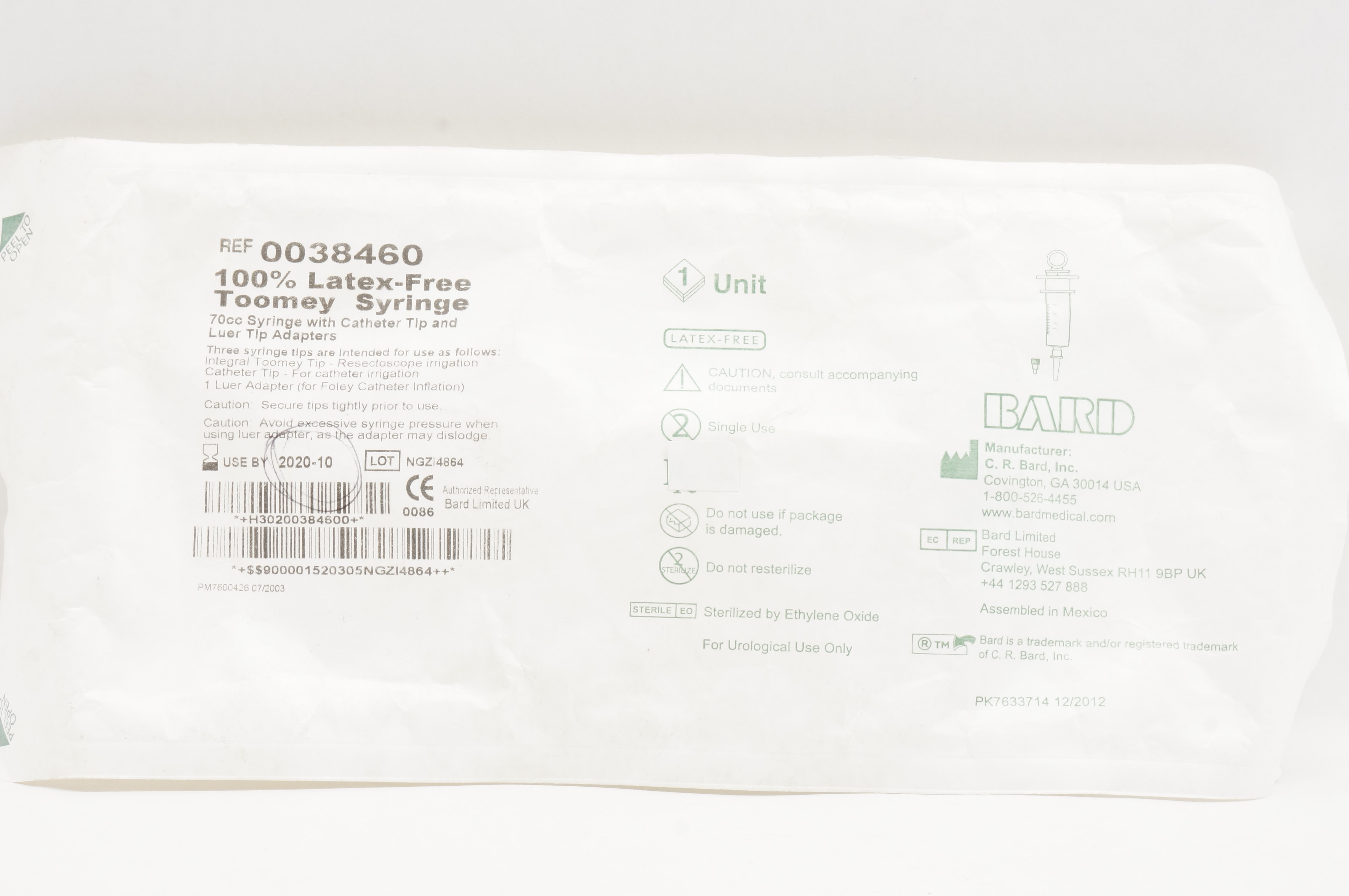 Bard 0038460 Toomey Syringe 70cc With Cath. Tip & Luer Tip Adapters (x)