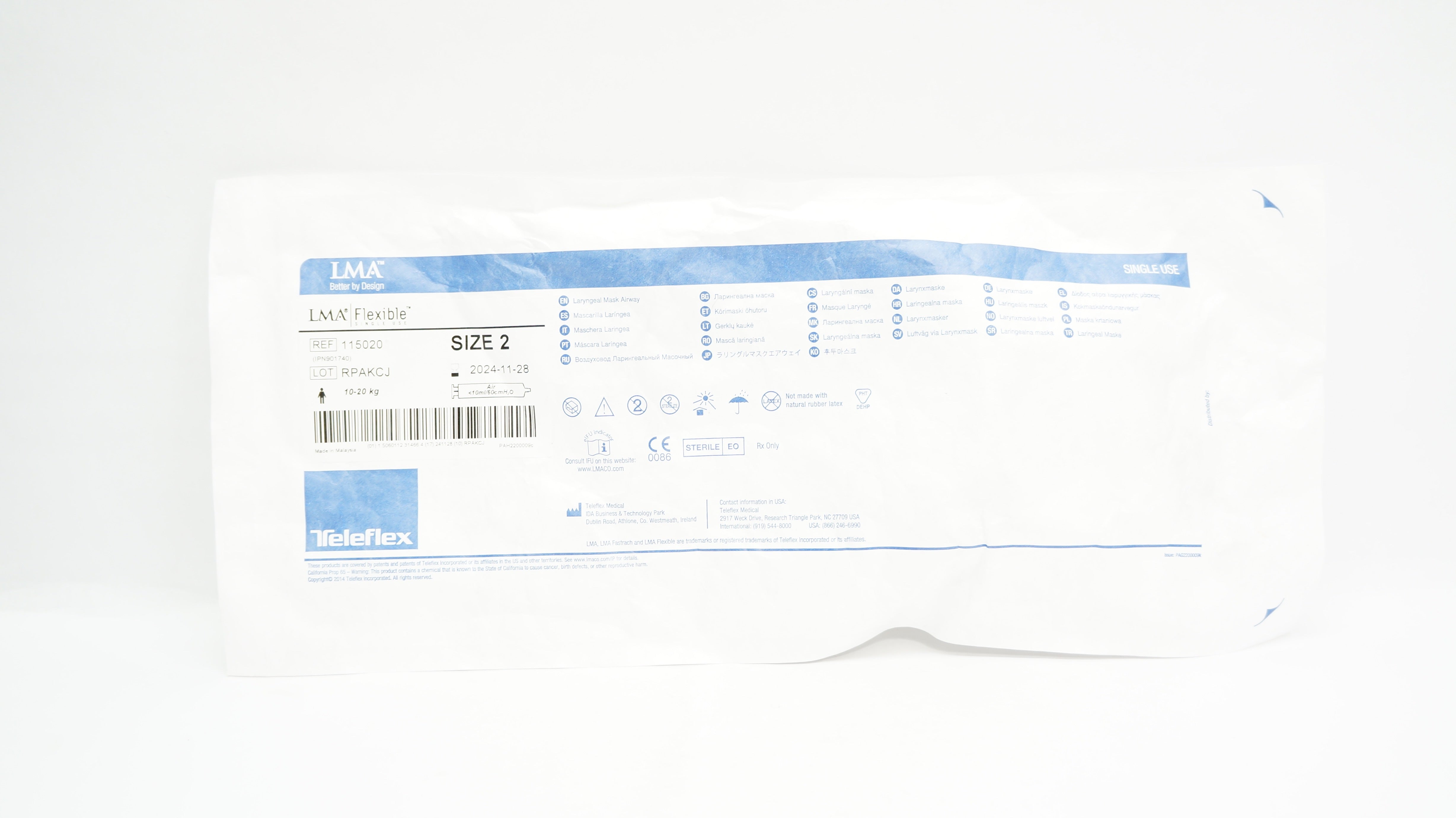 Teleflex 115020 Laryngeal Mask Airway 10-20kg, Size 2 Air<10ml/60cm H2O