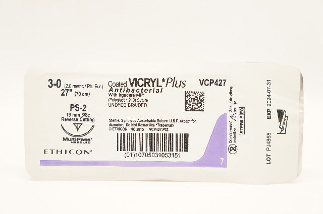 Ethicon VCP427 3-0 VICRYL Plus, W/ Irgacare MP Stre PS-2, 19mm 3/8c, 27inch