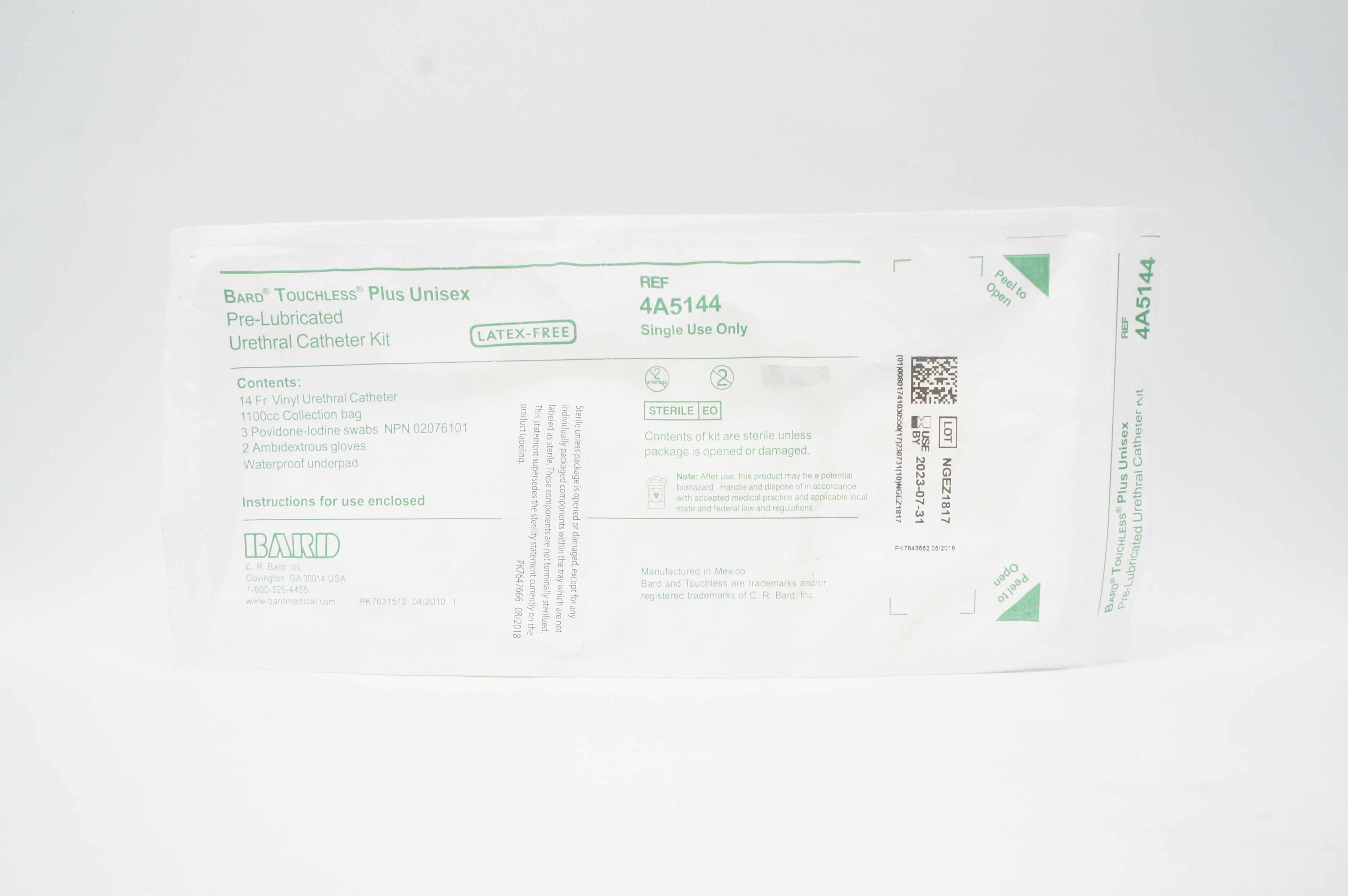 Bard 4A5144 Touchless Plus Unisex Pre-Lubricated Urethral Cath. Kit 14Fr