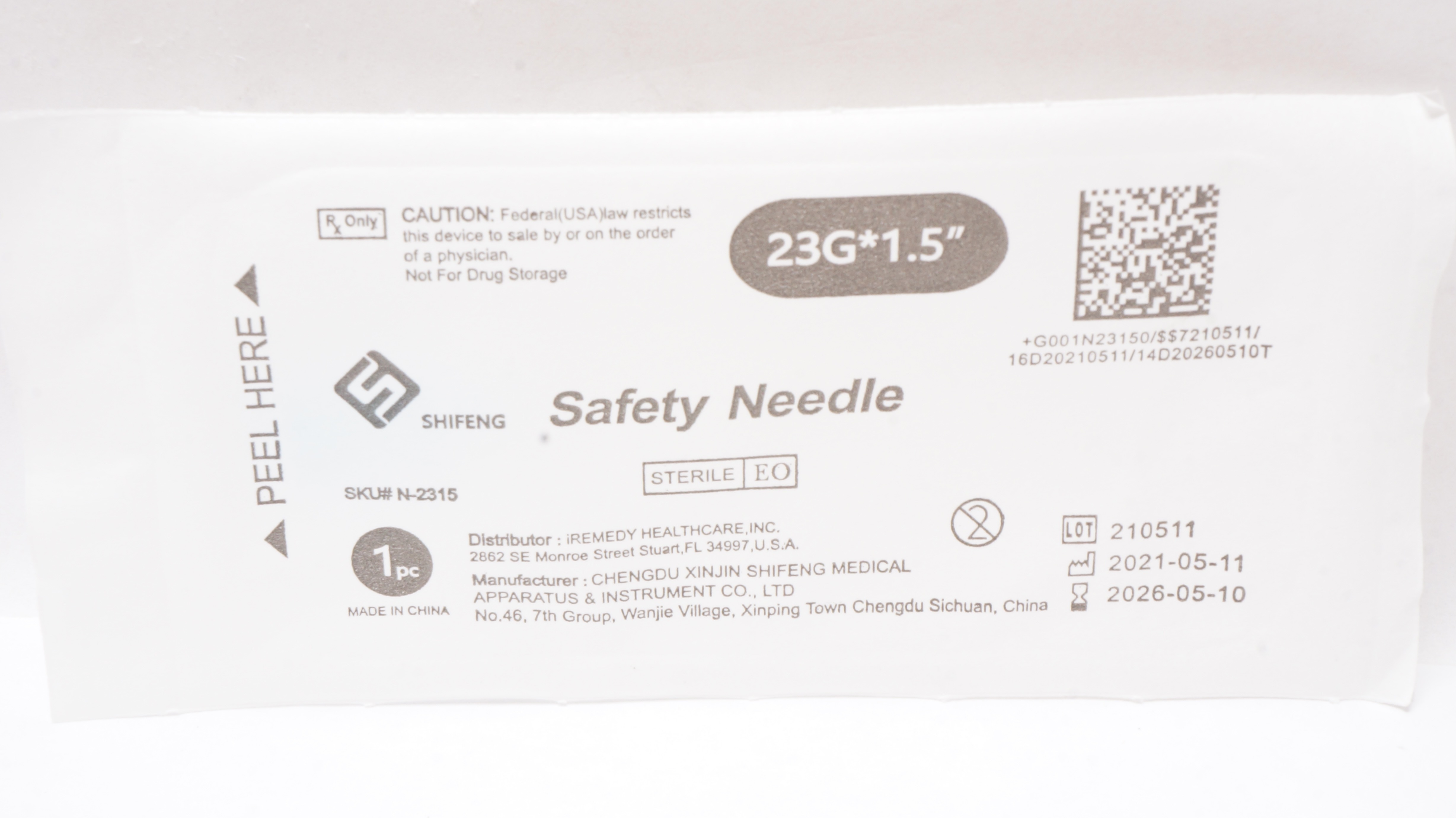 Chengdu Xinjin Shifeng Medical N-2315 Safety Ndle. 23G x 1.5inch