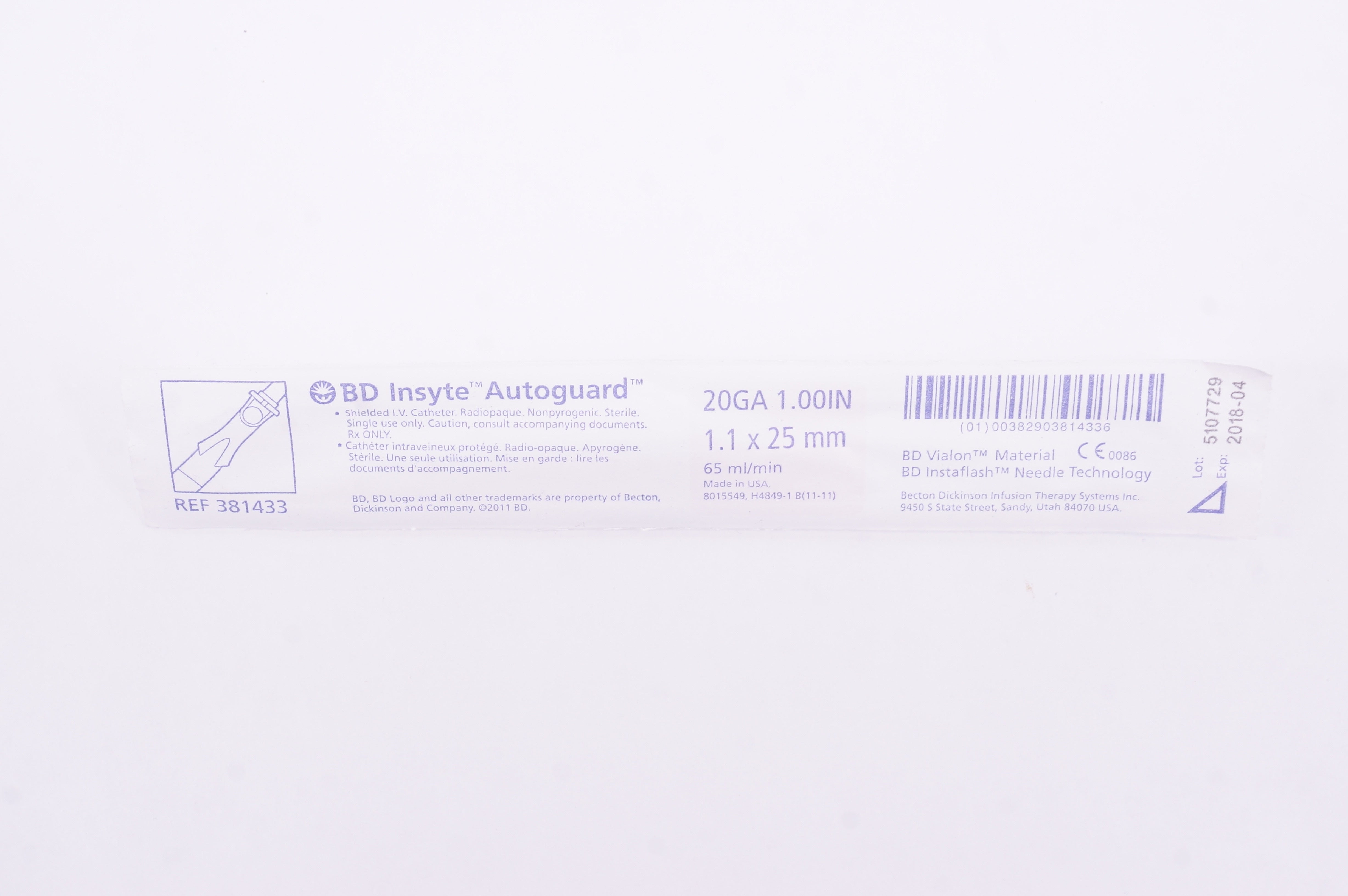 BD 381433 Insyte Autoguard Shielded IV Cath. 20Ga x 1inch 65ml/min (x)