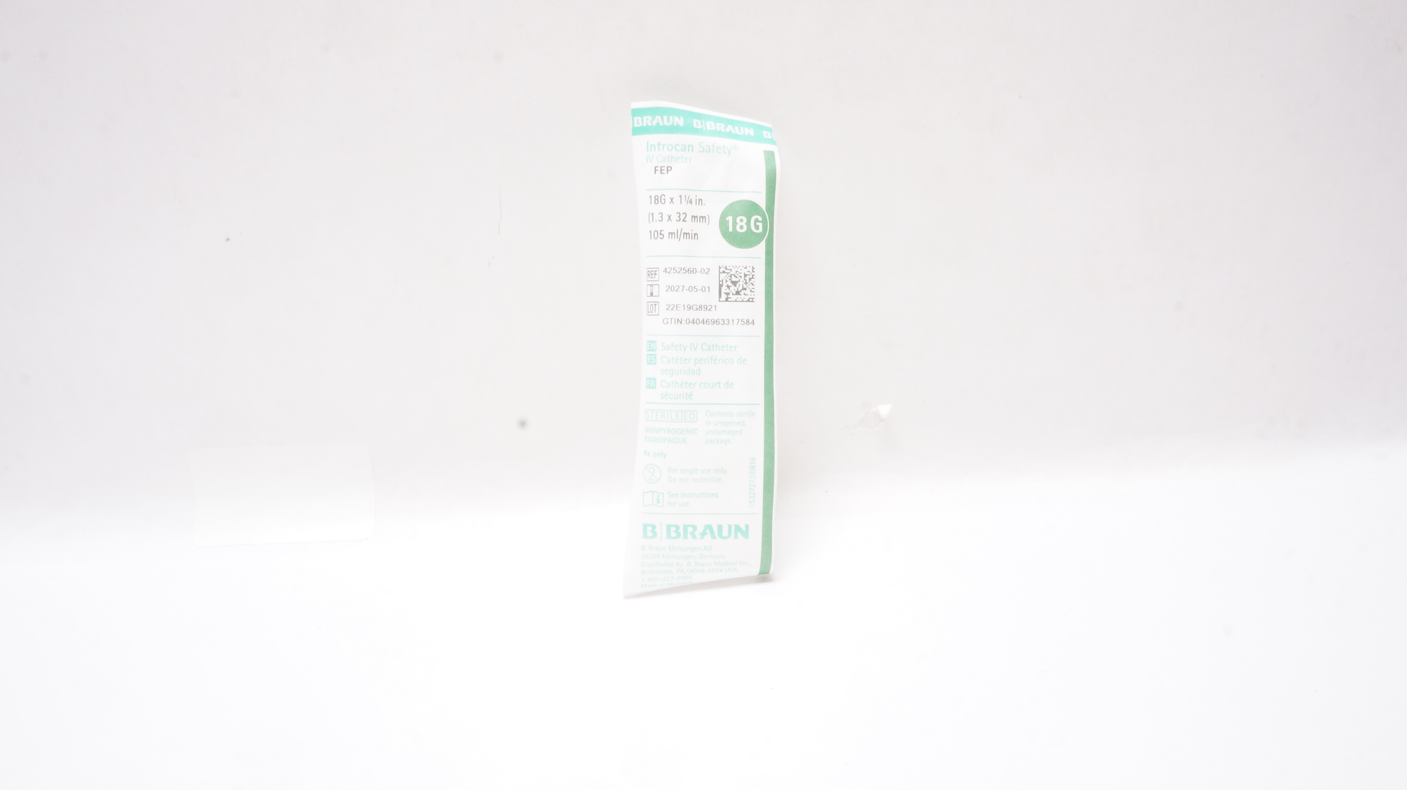 Braun 4252560-02 Introcan Safety FEP IV Cath. 18G x 1-1/4inch 105mL/min