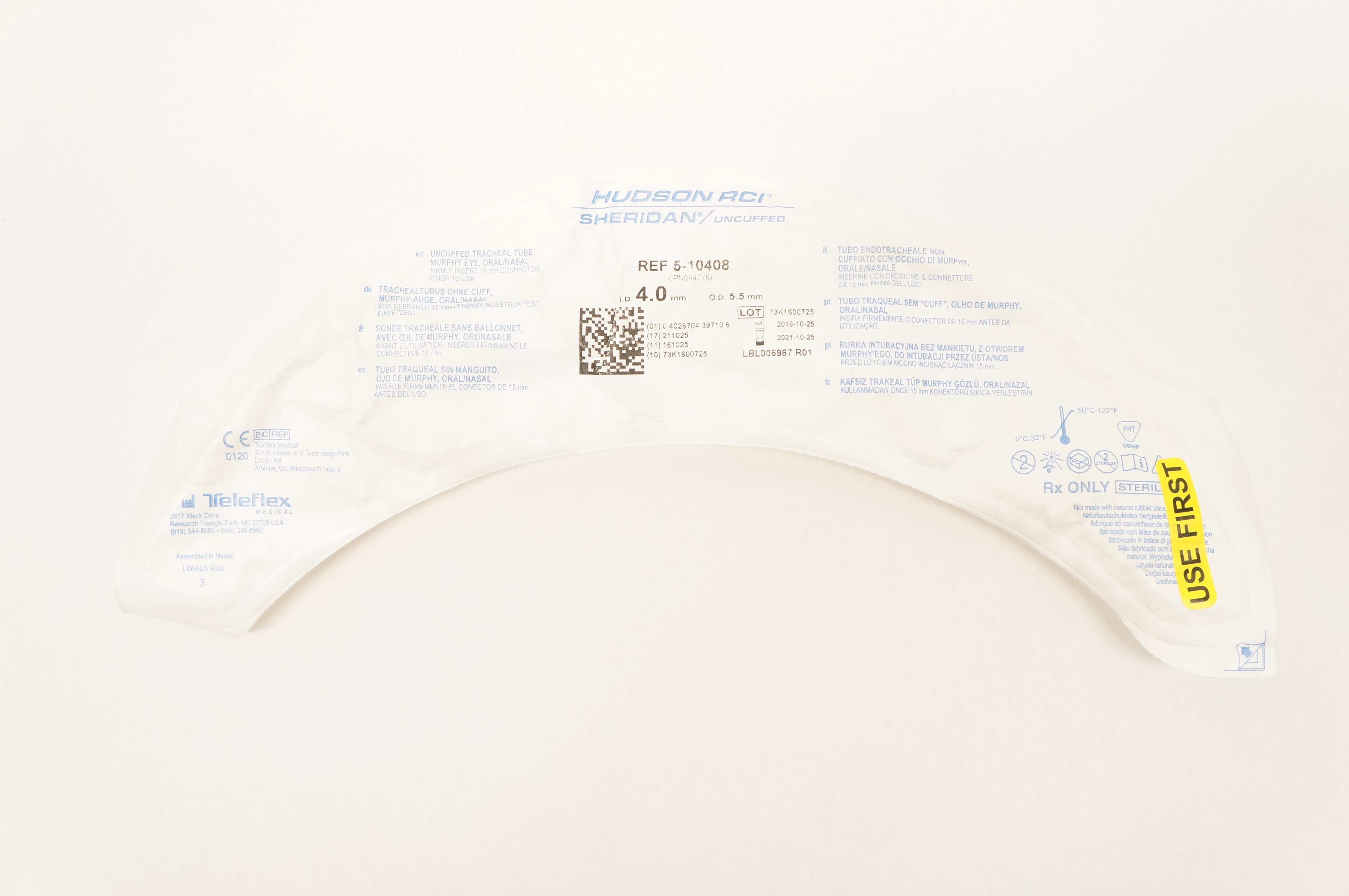 Teleflex 5-10408 Hudson RCI Sheridan Uncuffed Tracheal Tube 4.0 ID x 5.5mm OD(x)