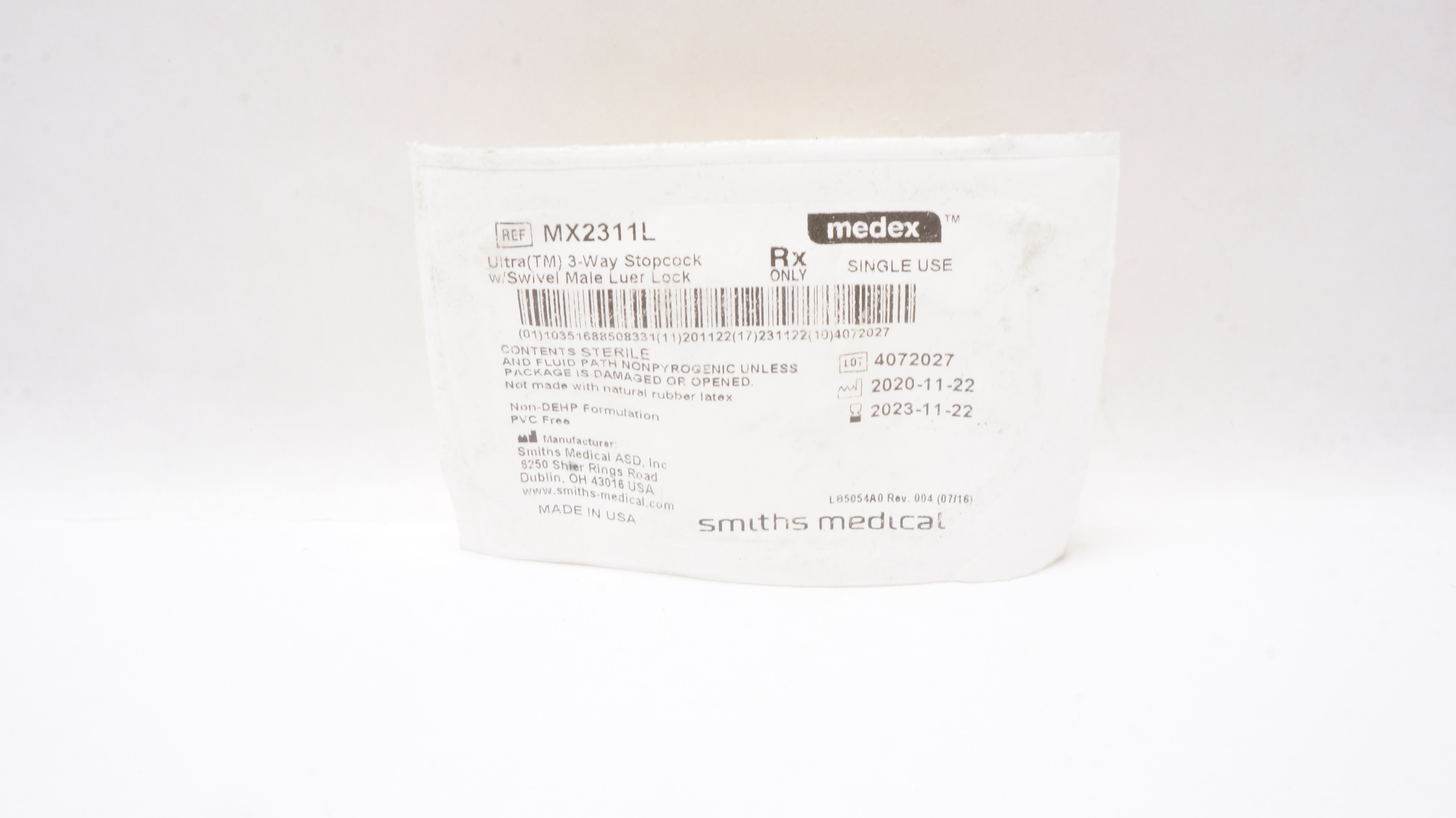 Smiths Medical MX2311L Medex Ultra(TM) 3-Way Stopcock w/Swivel Male Luer Lock