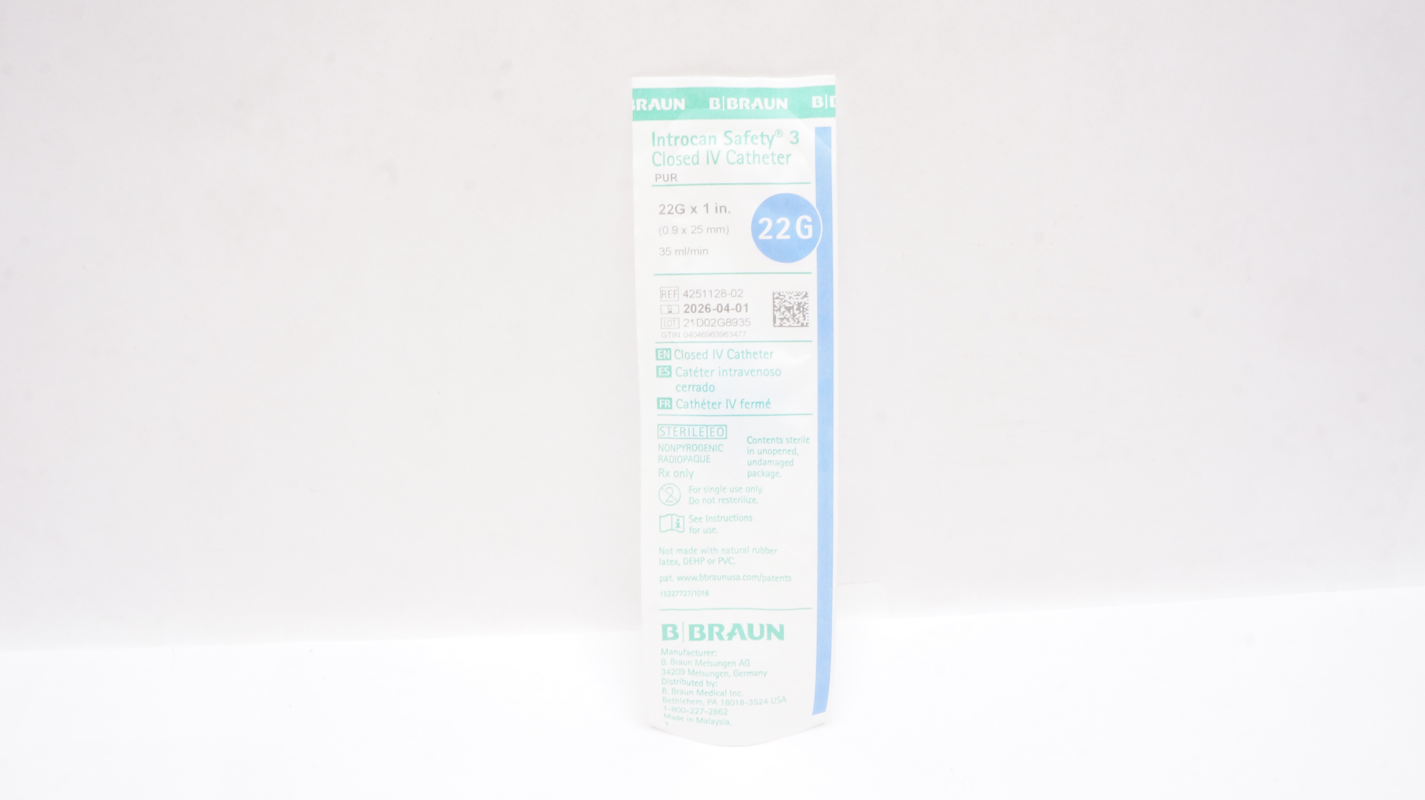 B.Braun 4251128-02 Introcan Safety 3 Closed IV Cath. 22G x 1inch x 35ml/min