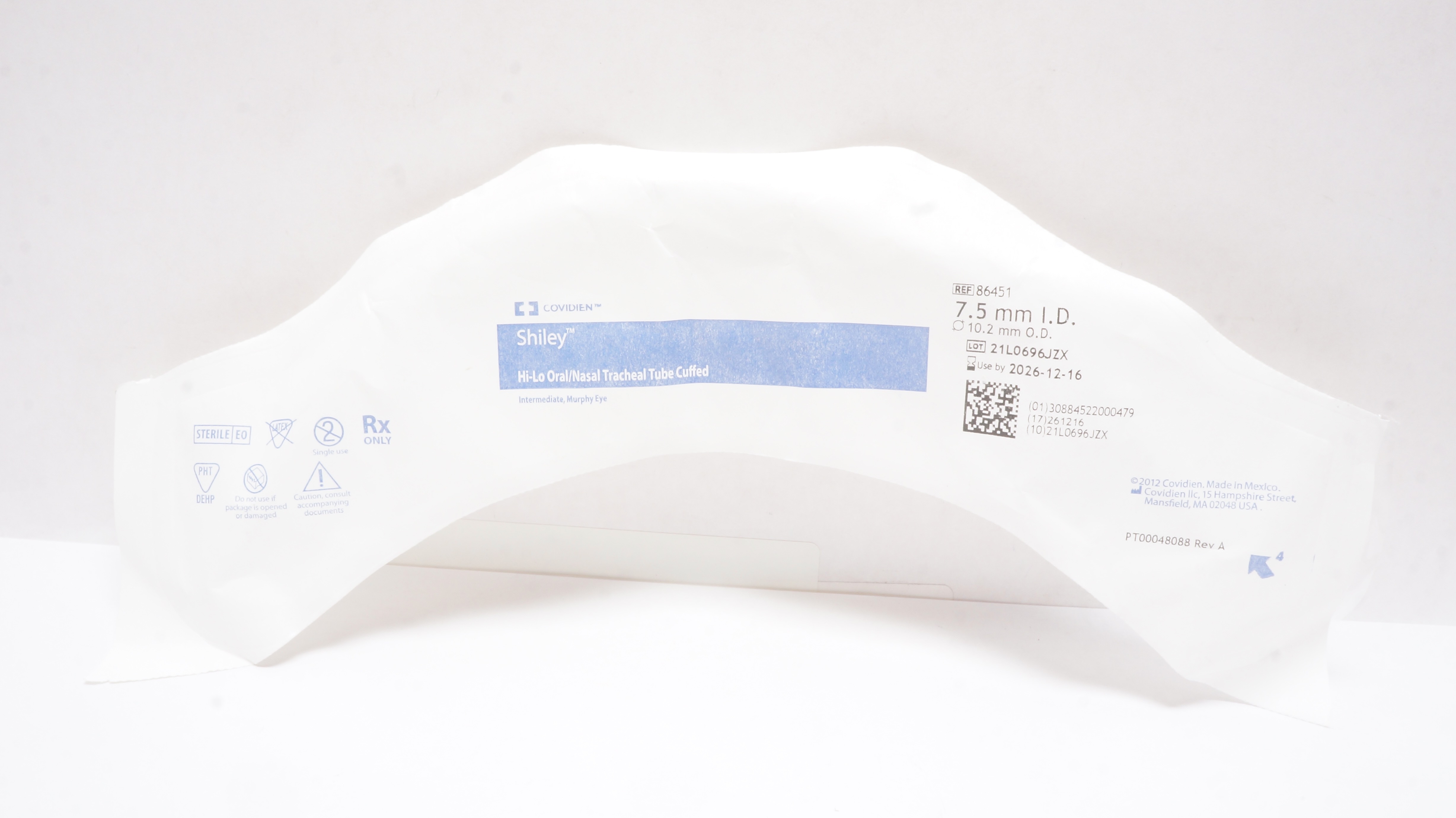 Covidien 86451 Shiley Hi-Lo Oral/Nasal Tracheal Tube Cuffed 7.5mm ID x 10.2mm OD