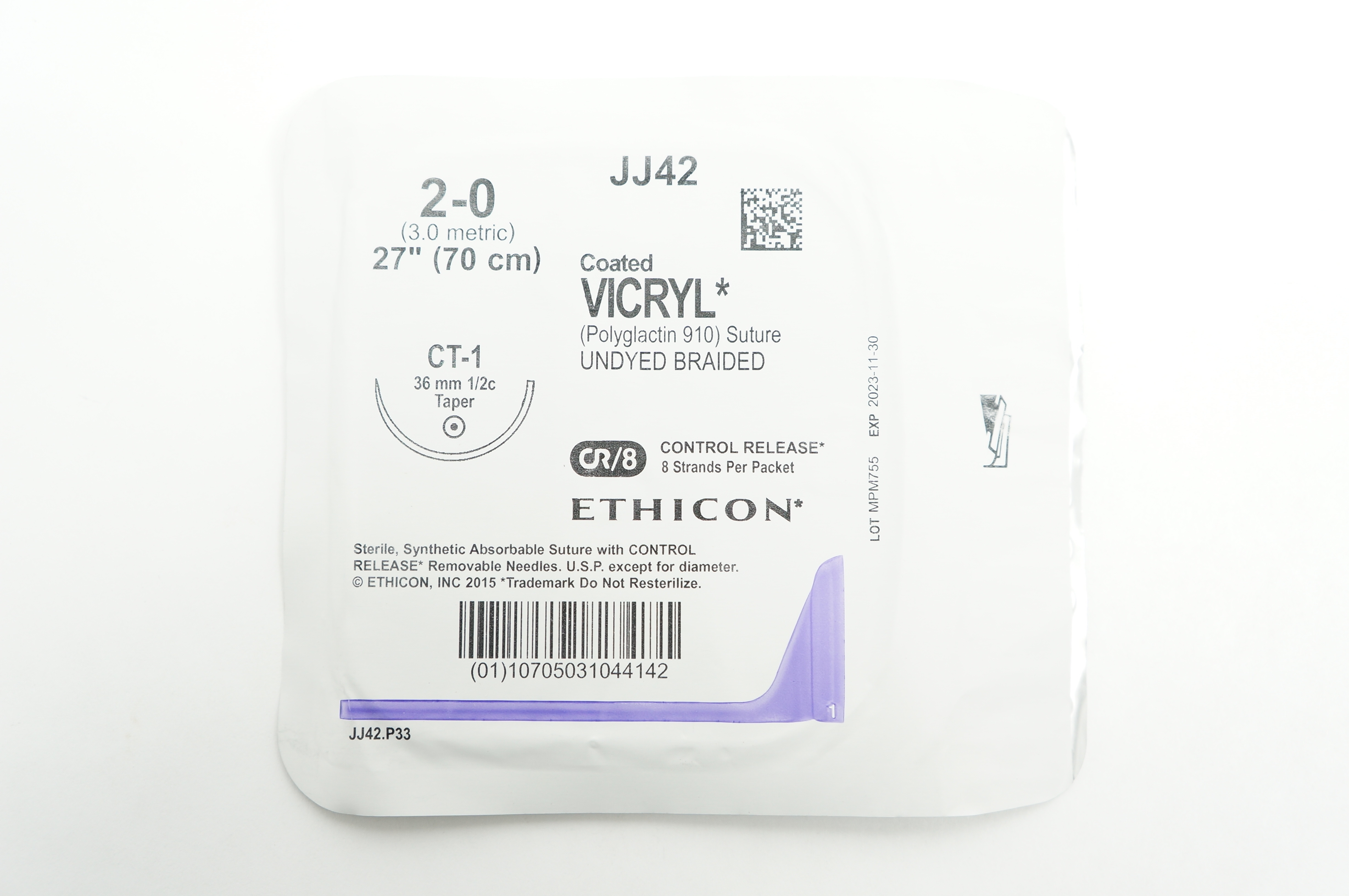 Ethicon JJ42 2-0 VICRYL CT-1 36mm 1/2c Taper CR/8, 27 inch