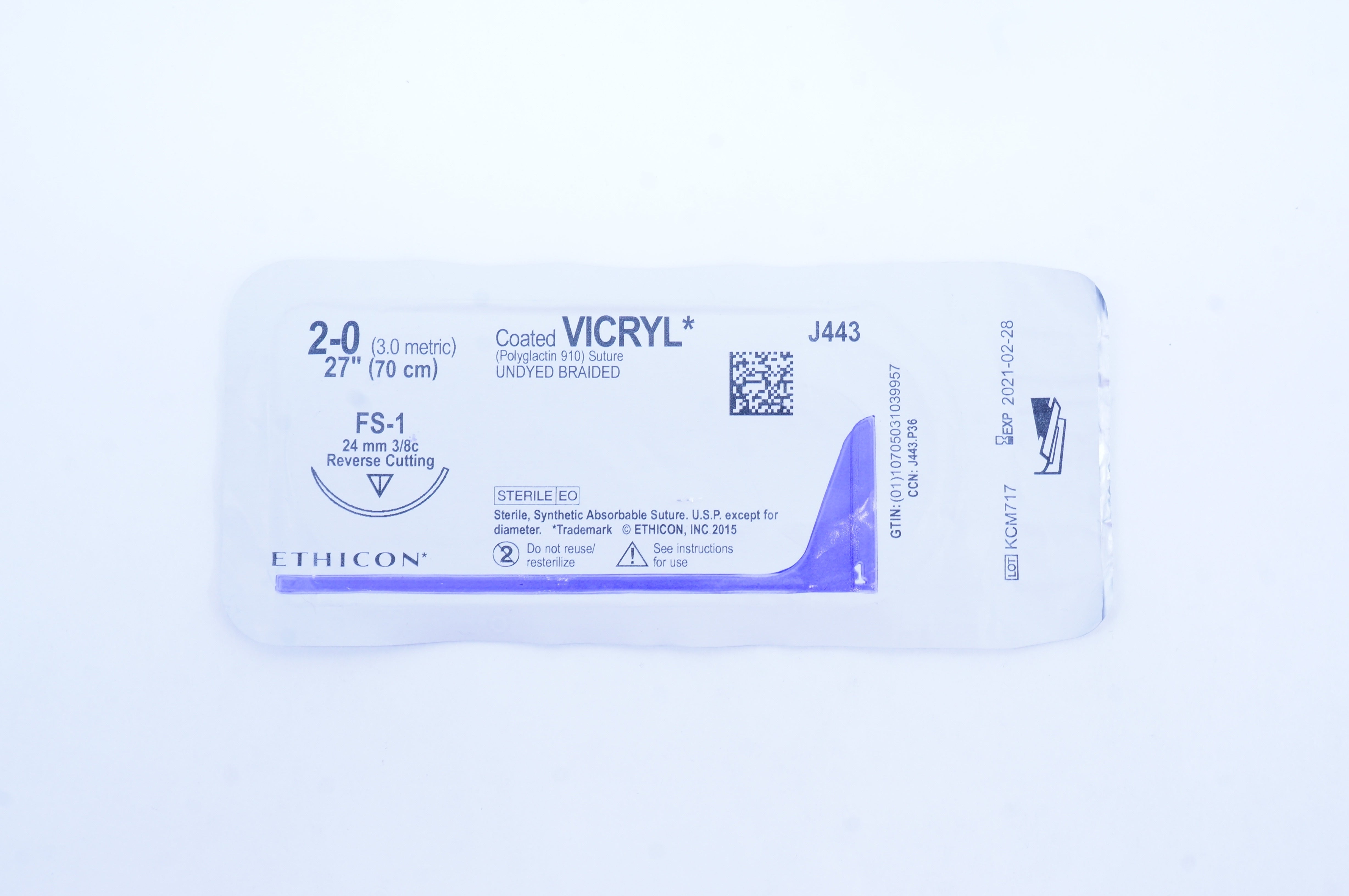 Ethicon J443 2-0 Coated VICRYL Stre FS-1 24mm 3/8c Reverse Cutting, 27 inch