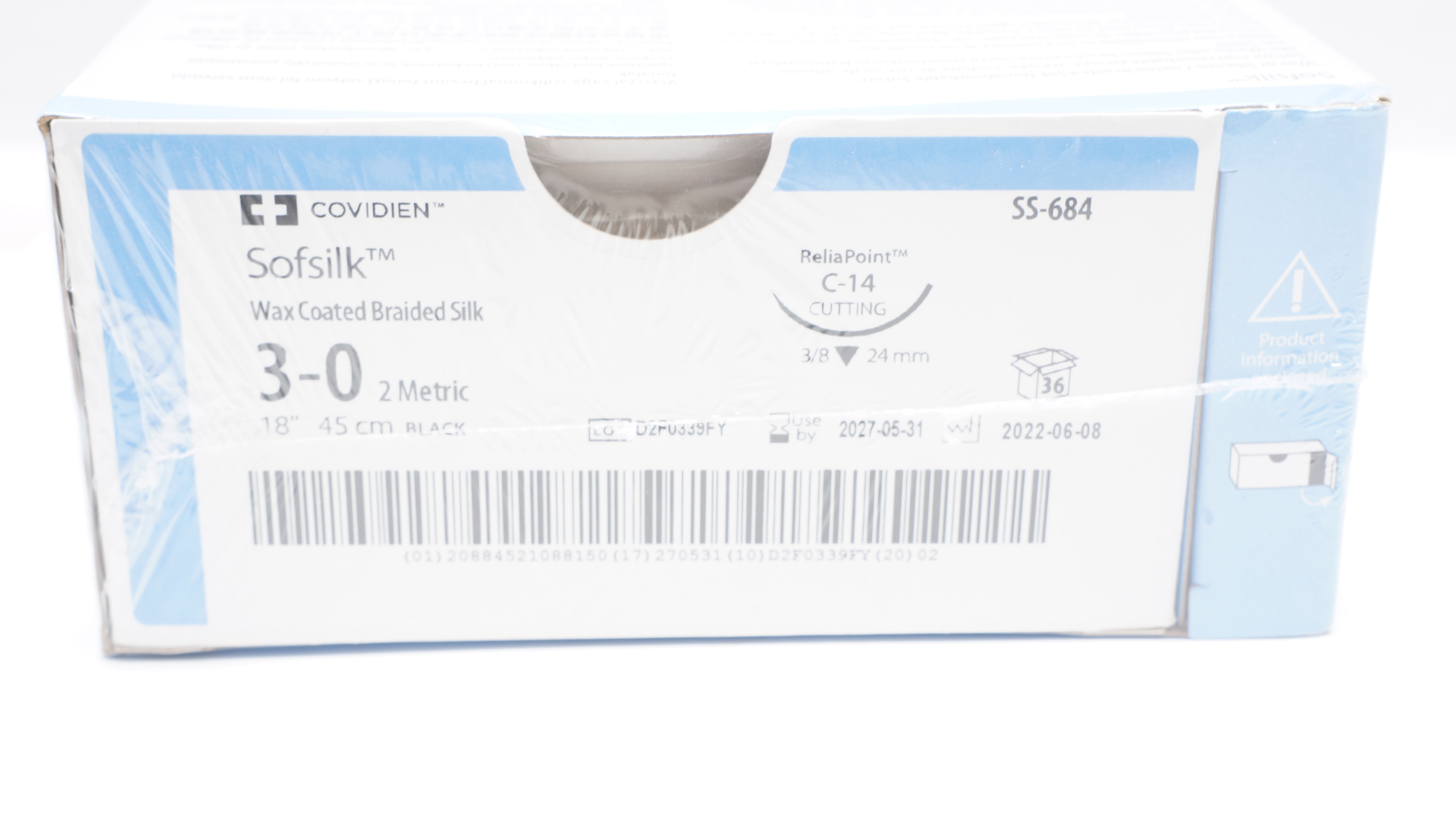 Covidien SS-684 3-0 Sofsilk Wax Coated Stre C-14 3/8 24mm 18inch - Box of 36
