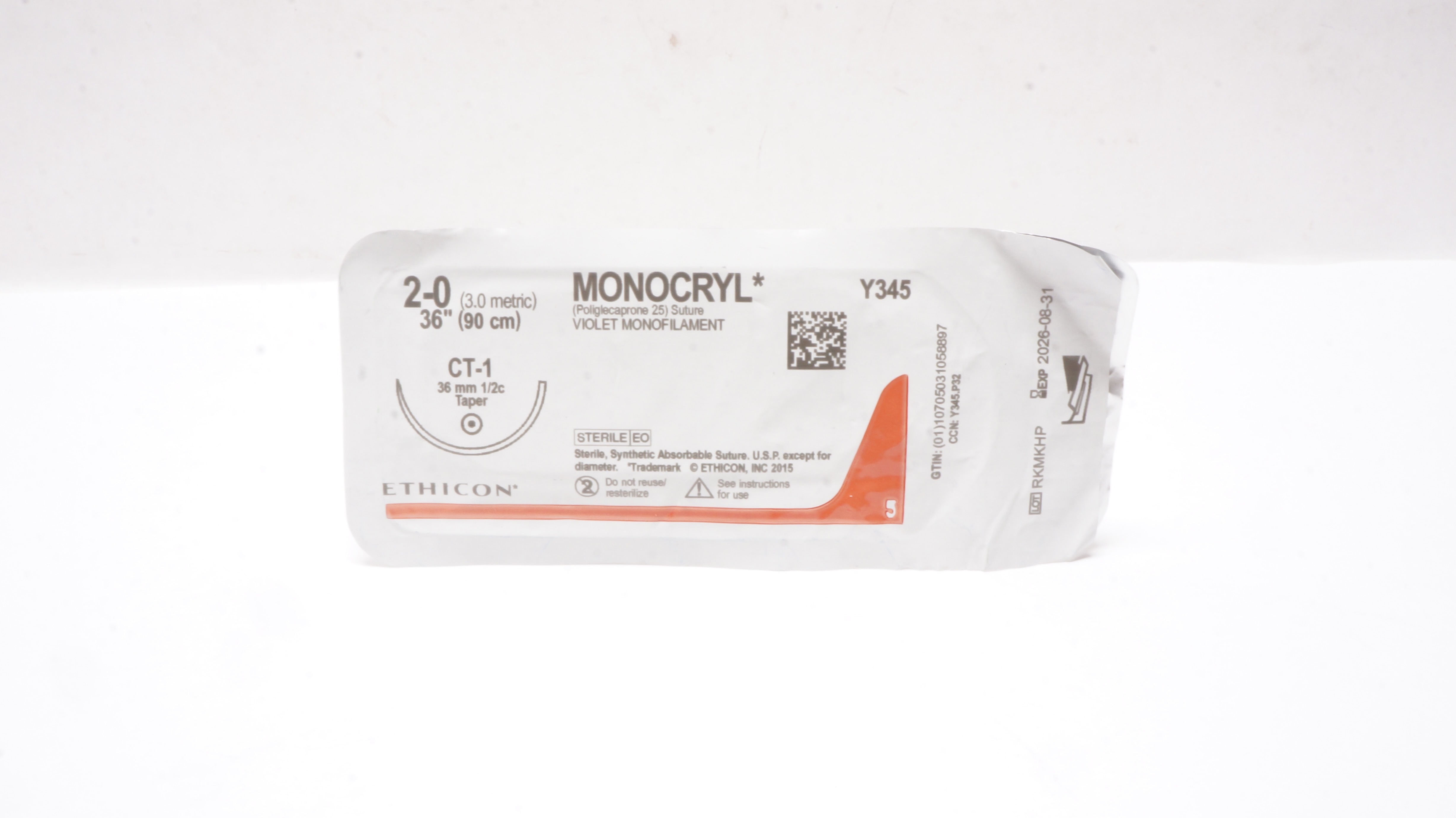 Ethicon Y345 2-0 MONOCRYL CT-1 36mm 1/2c Taper 36inch
