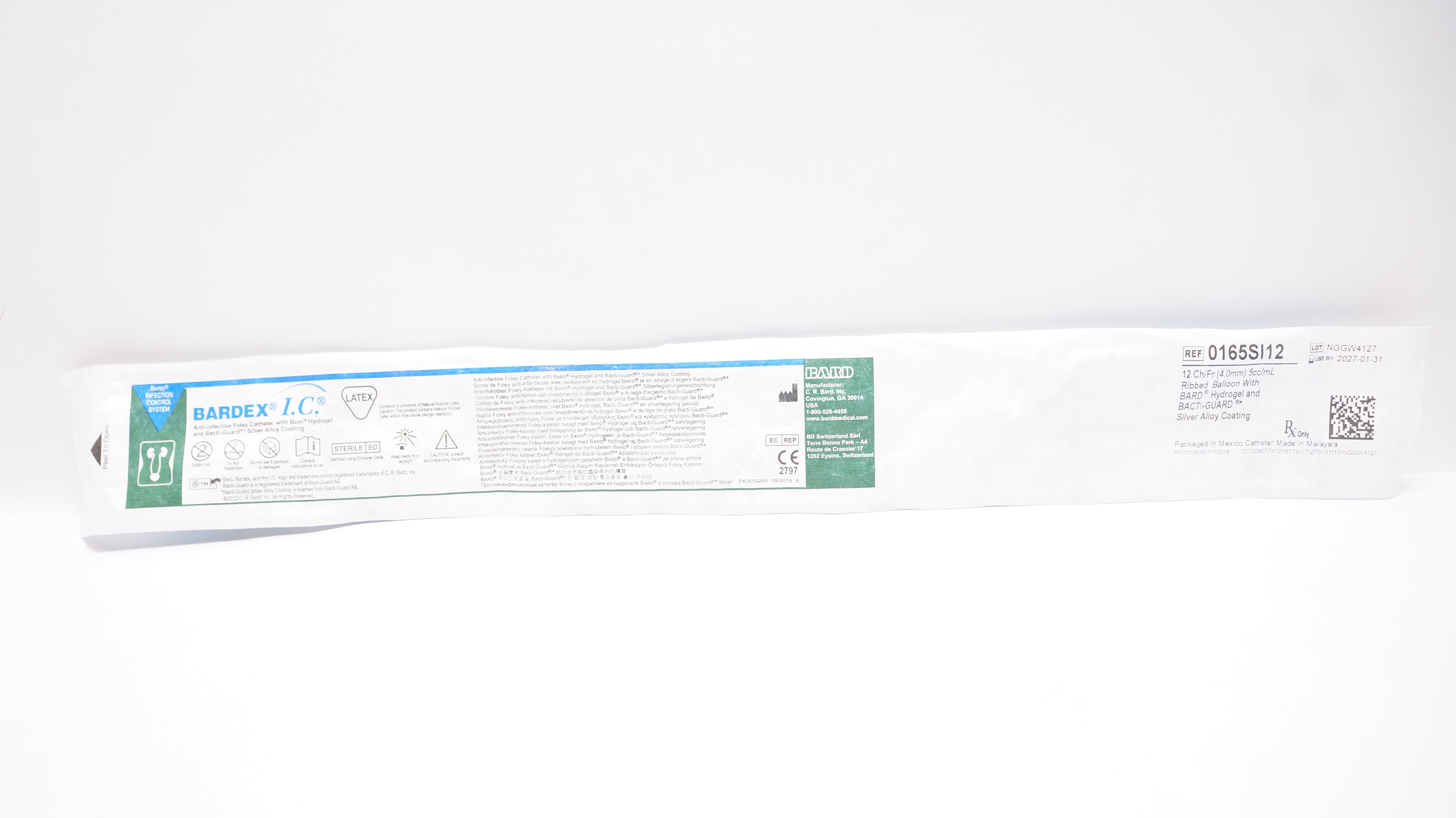 Bard 0165SI12 Bardex I.C. Anti-Infective Foley Cath. 12 Fr 5cc/mL Ribbed Balloon
