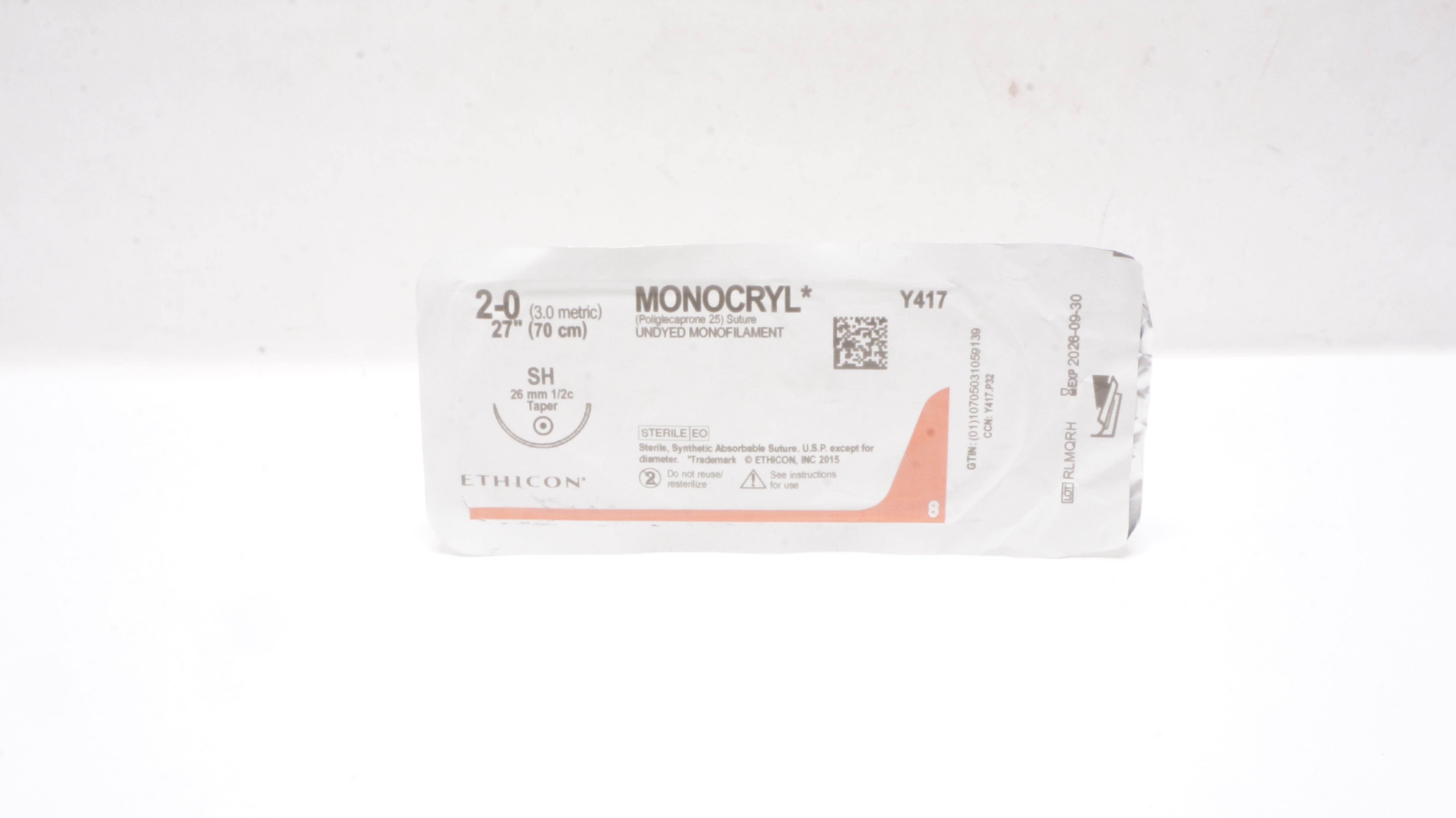 Ethicon Y417 2-0 MONOCRYL Undyed Monofilament SH 26mm1/2c Taper 27inch