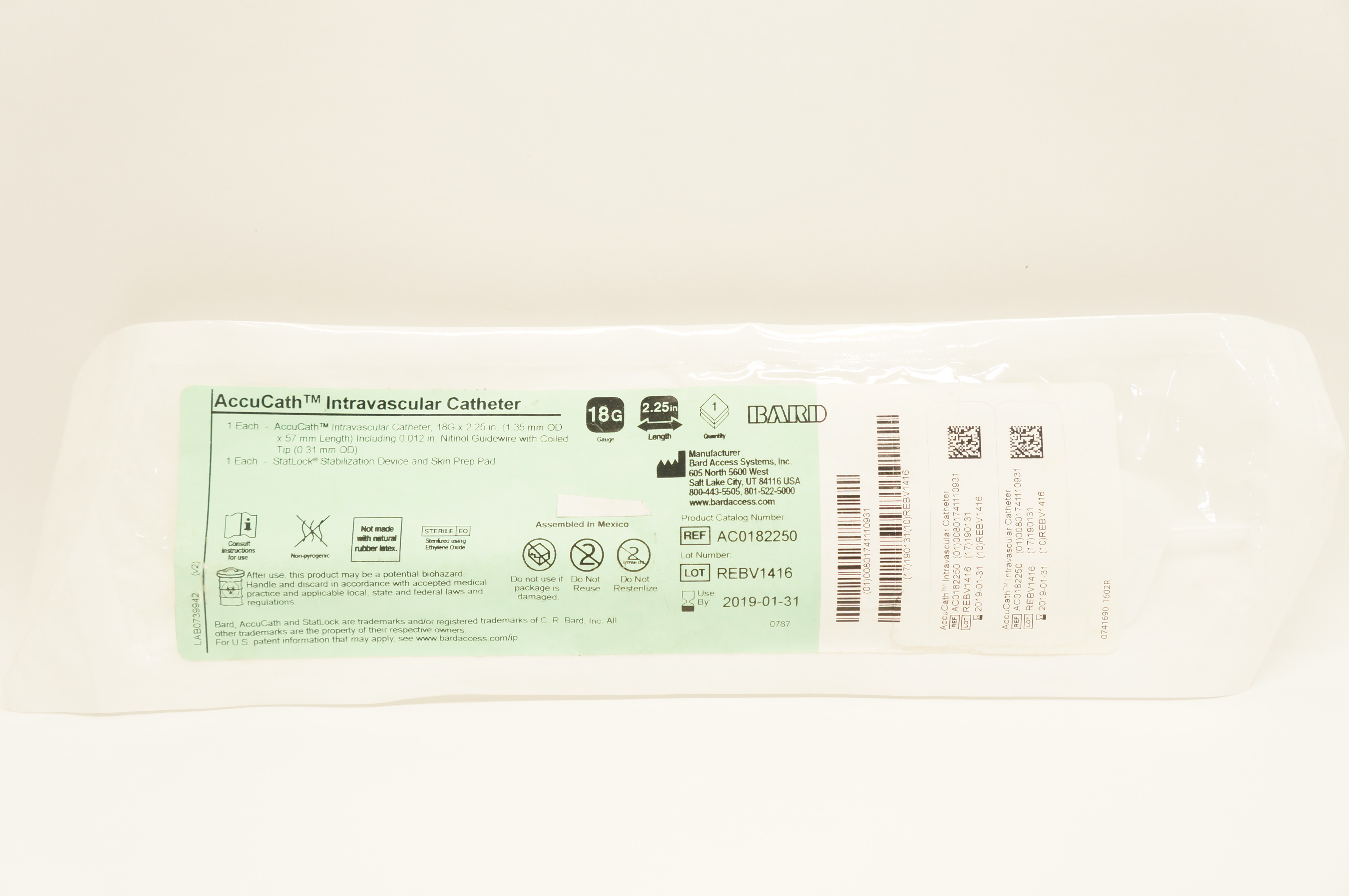 Bard AC0182250 AccuCath Intravascular Cath. 18G x 2.25 inch (x)