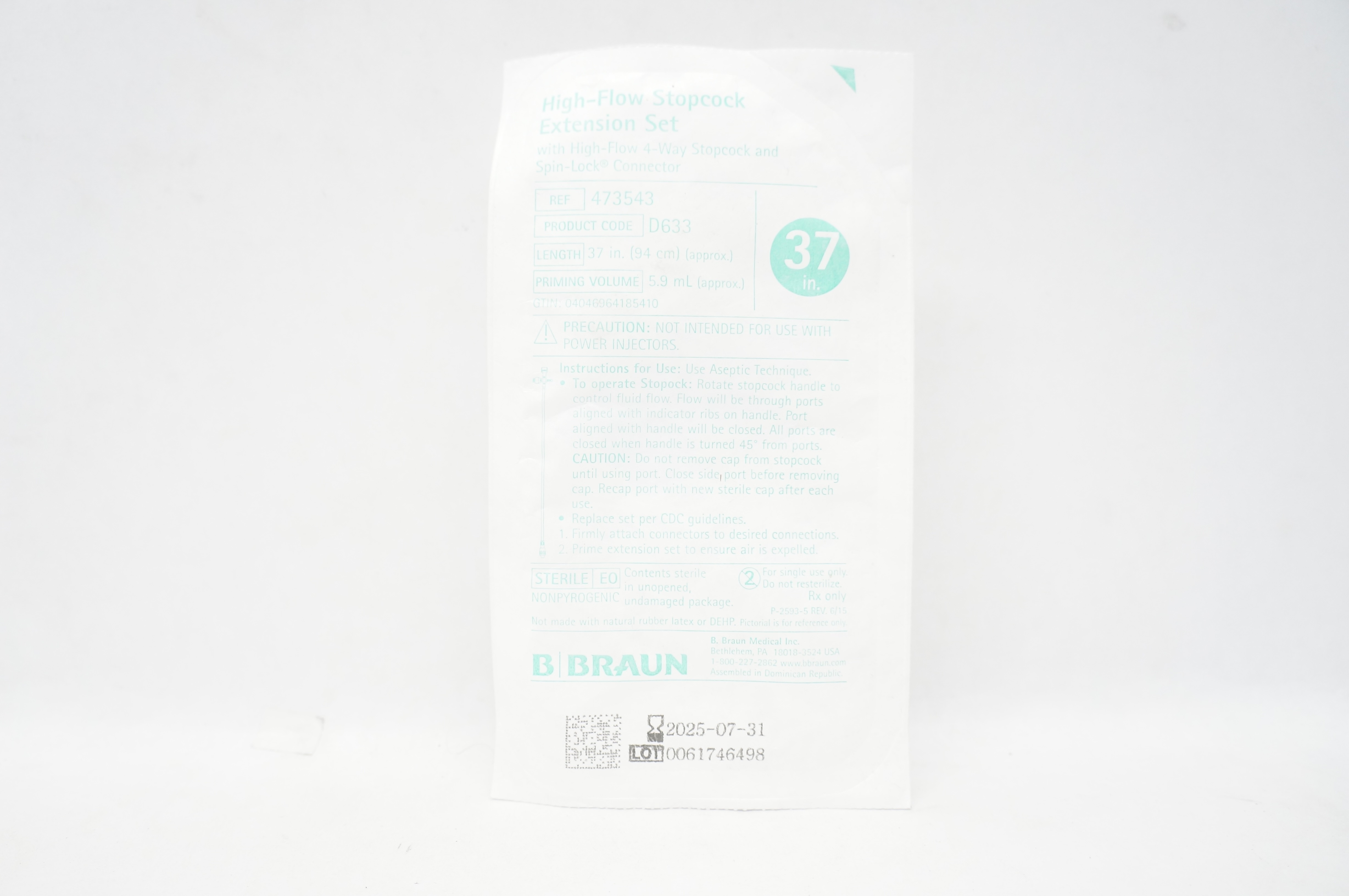 Braun 473543 High-Flow Stopcock Extension Set 37inch 5.9mL