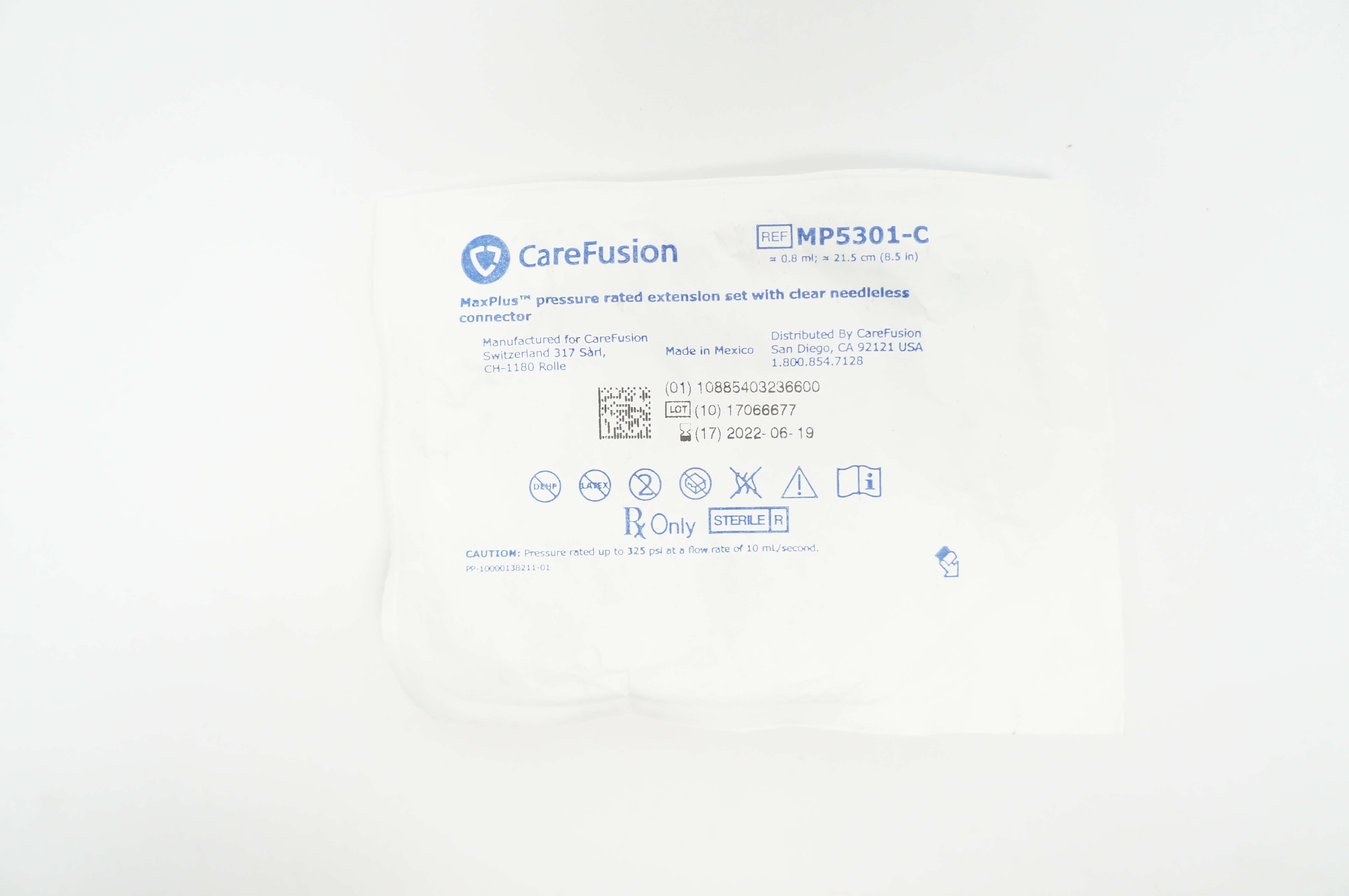 CareFusion MP5301-C MaxPlus Pressure Rated Extension Set 8.5inchx0.8ml (Appr)(x)