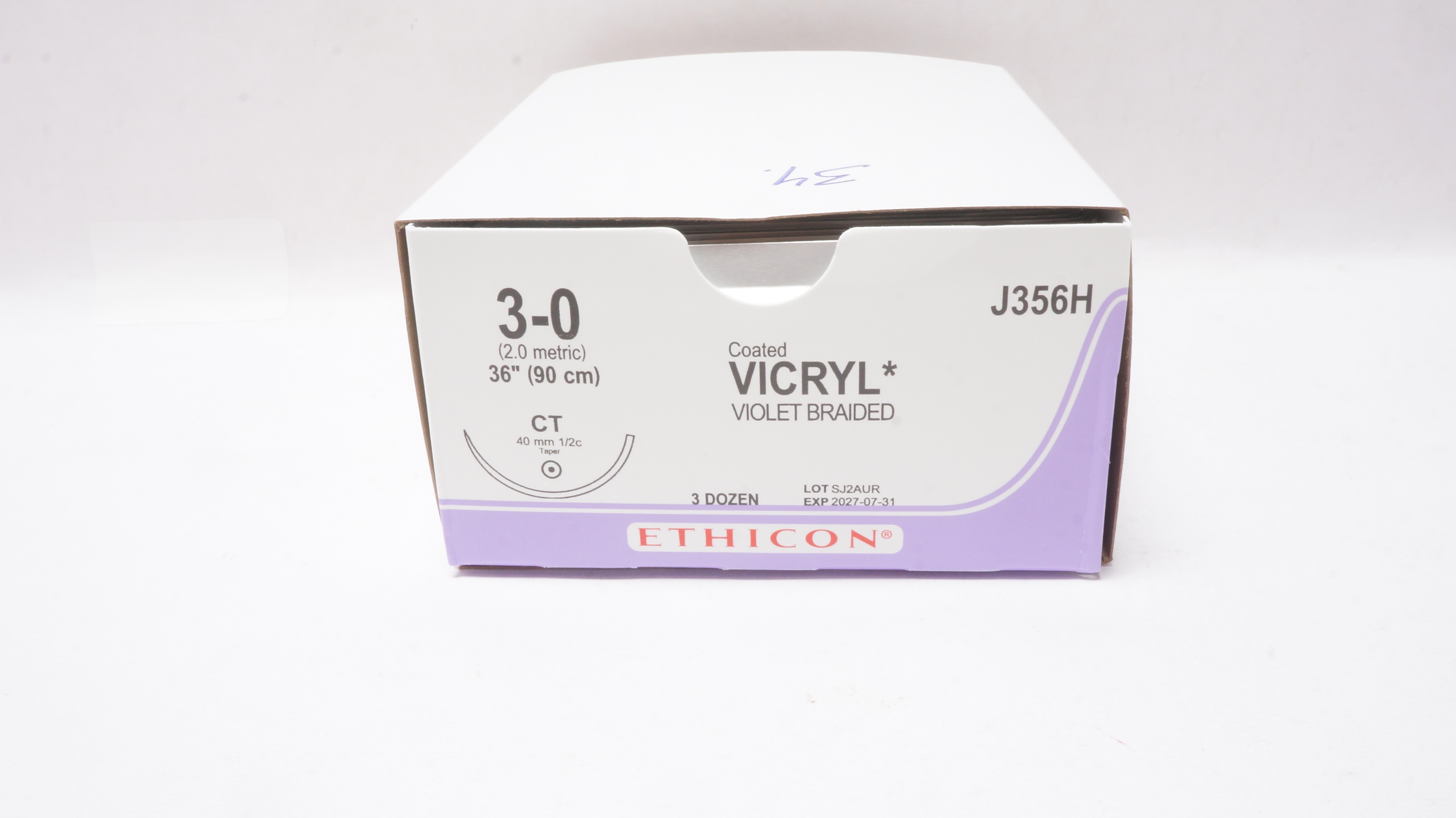 Vic Ryp Ethicon J356 3-0 Coated VICRYL Stre, CT 40mm 1/2c Taper, 36In - Box of 34