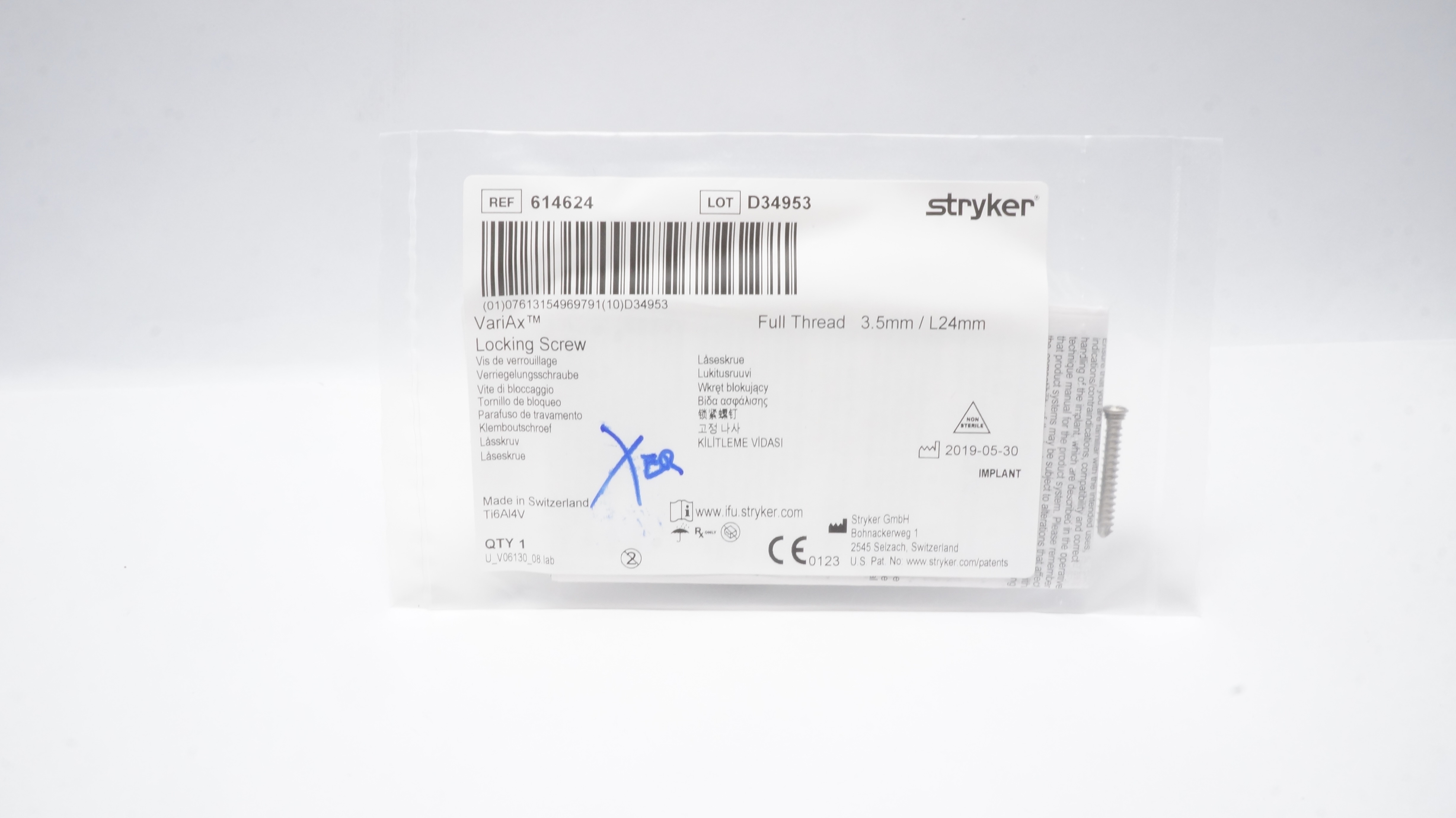 Stryker 614624 VariAx Locking Screw , Full Thread 3.5mm/ L24mm