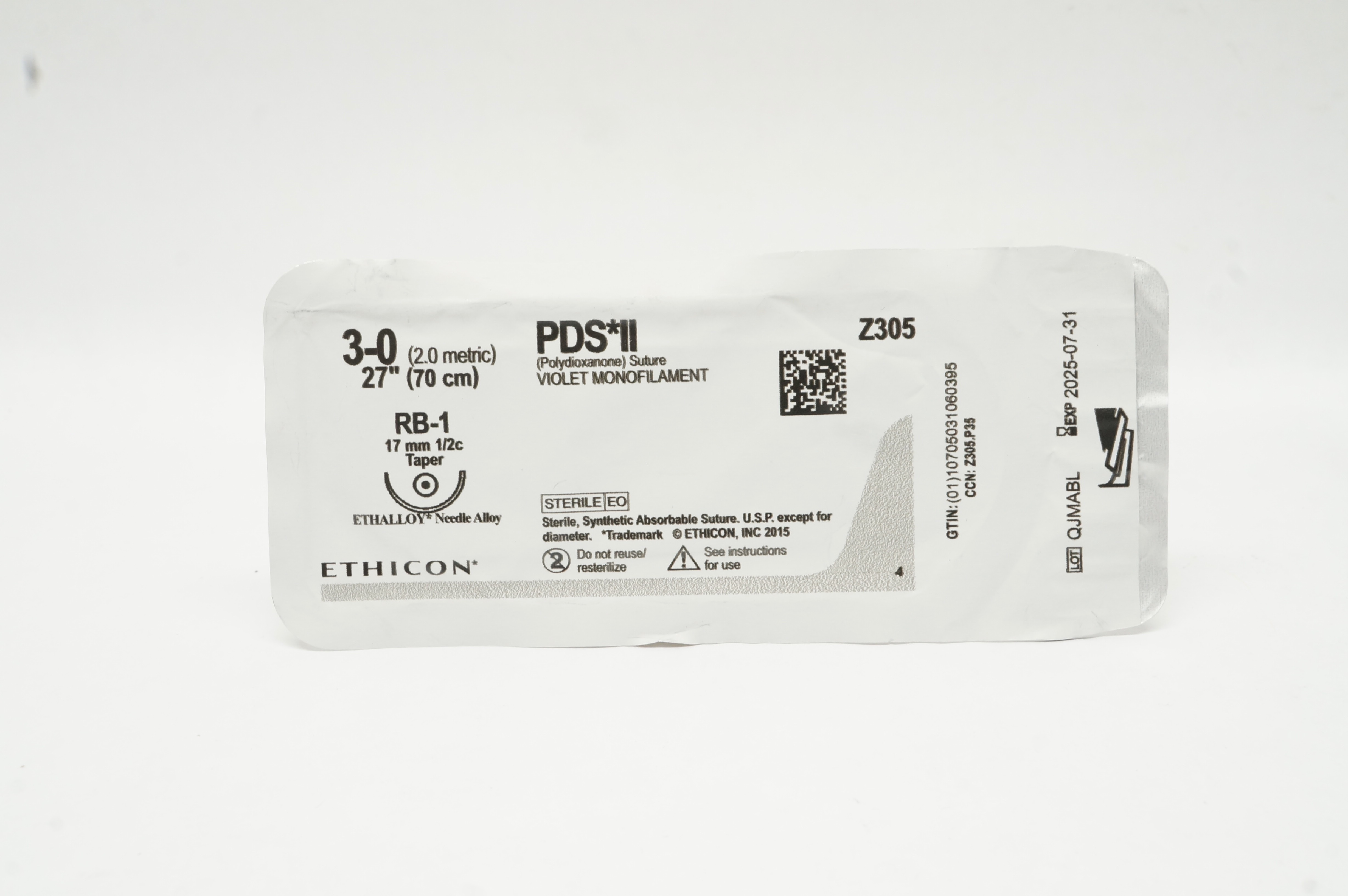 Ethicon Z305 3-0 PDS II Polydioxanone Stre RB-1 17mm 1/2c Taper 27inch
