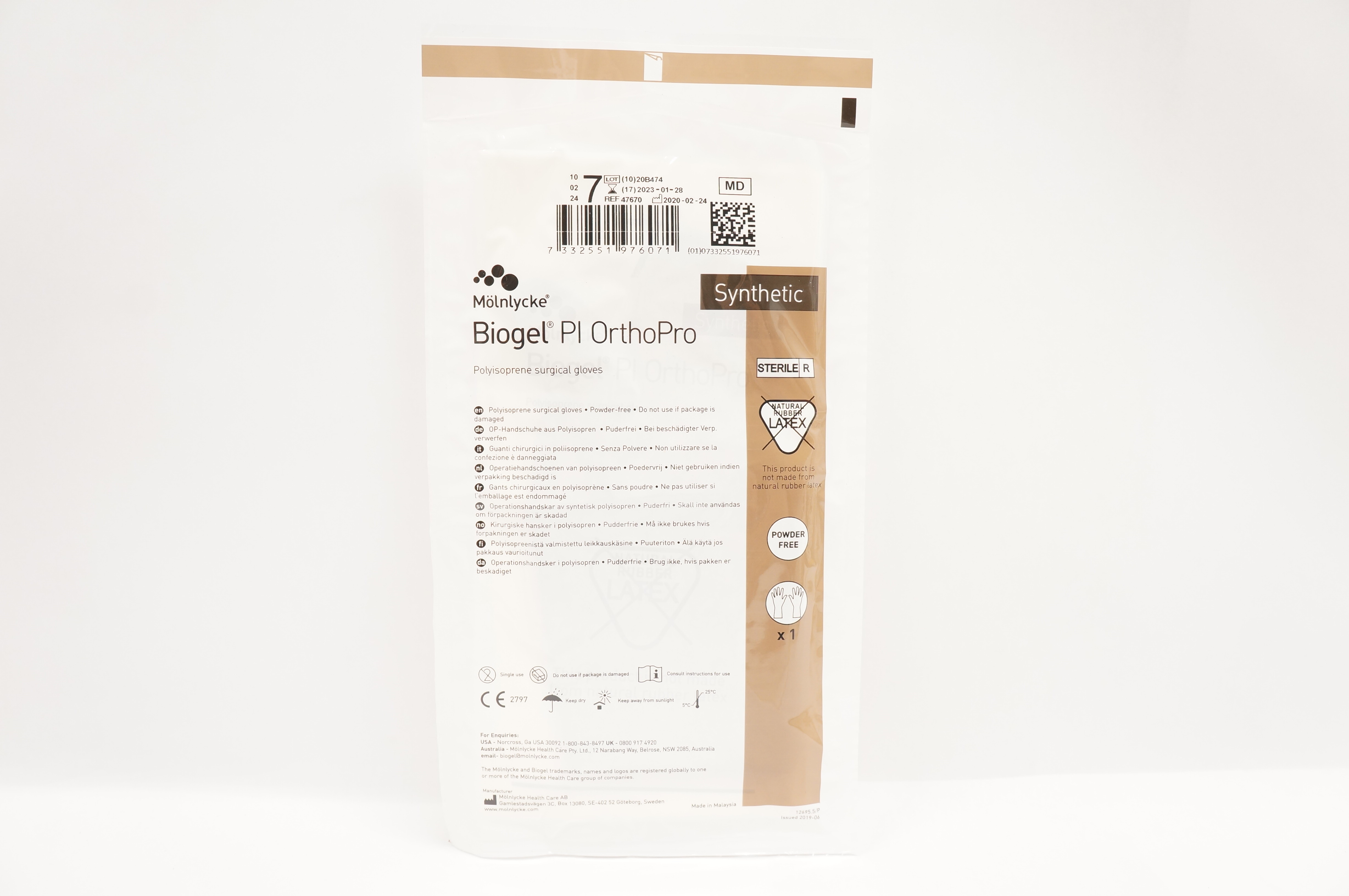Molnlycke 47670 Biogel PI OrthoPro Synthetic Polyisoprene Surgical Gloves Size 7