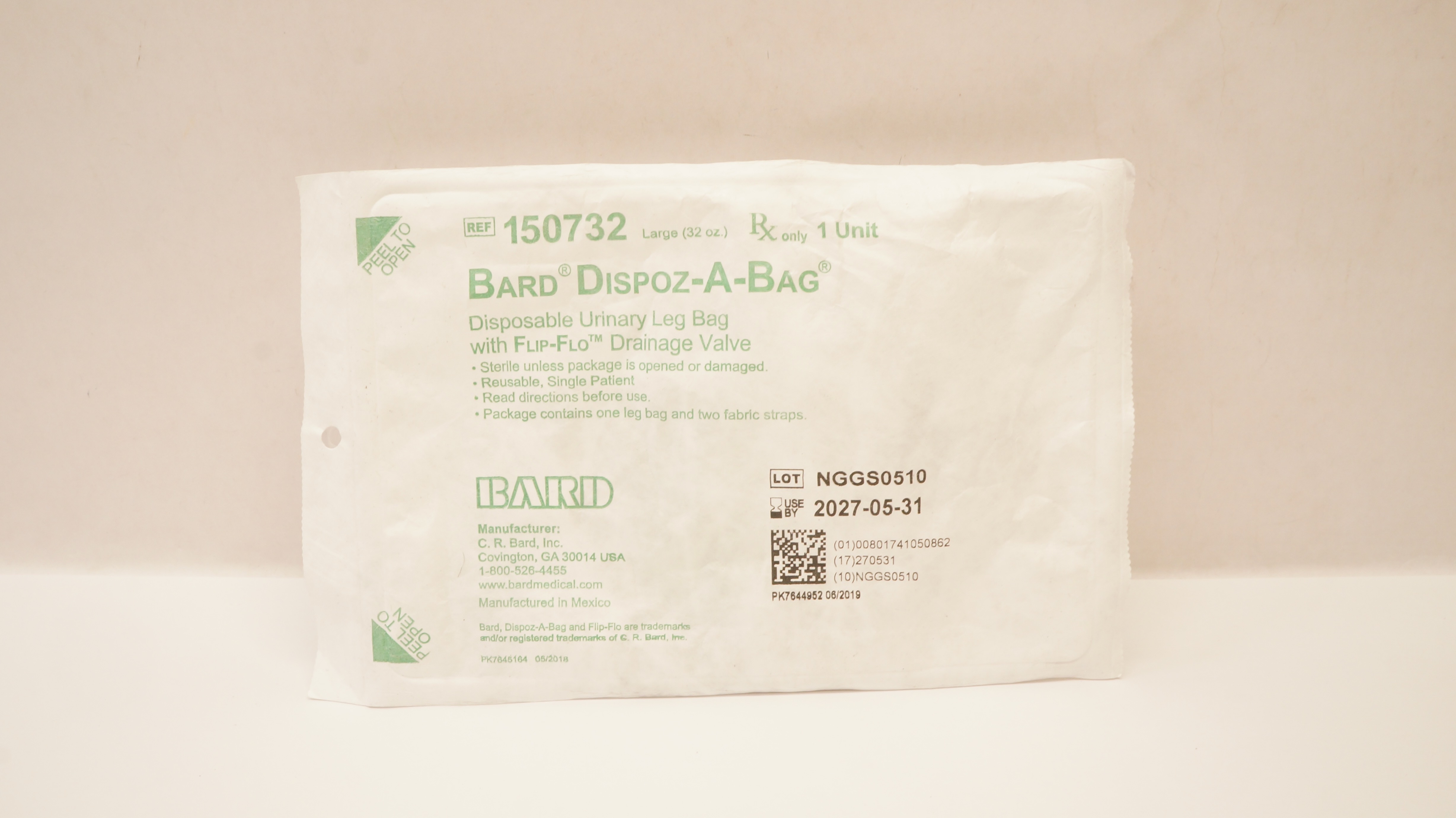 Bard 150732 Dispoz-A-Bag Disposable Urinary Leg Bag w/Drainage Valve Large 32oz.
