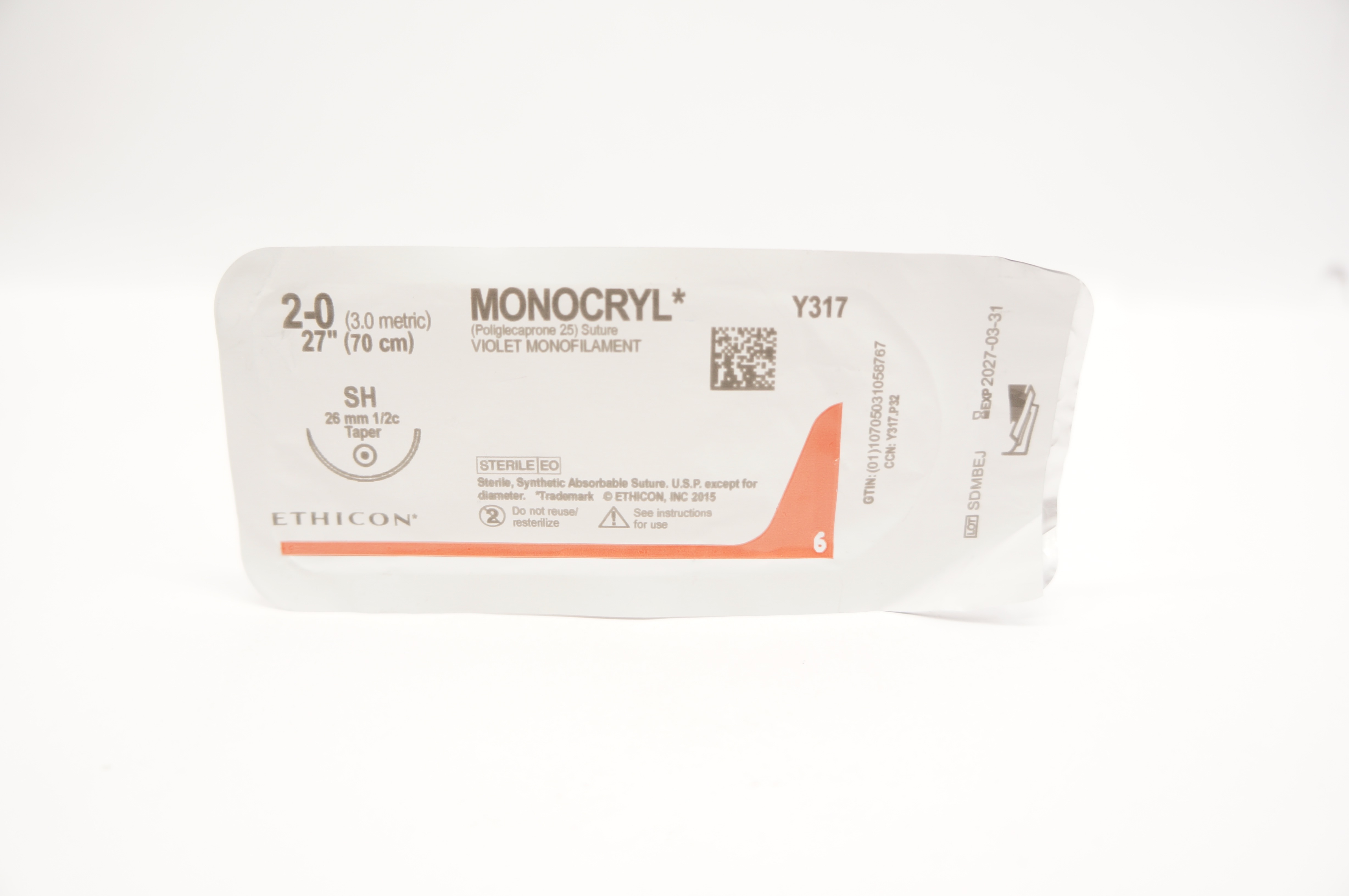 Ethicon Y317 2-0 MONOCRYL SH 26mm 1/2c Taper 27inch
