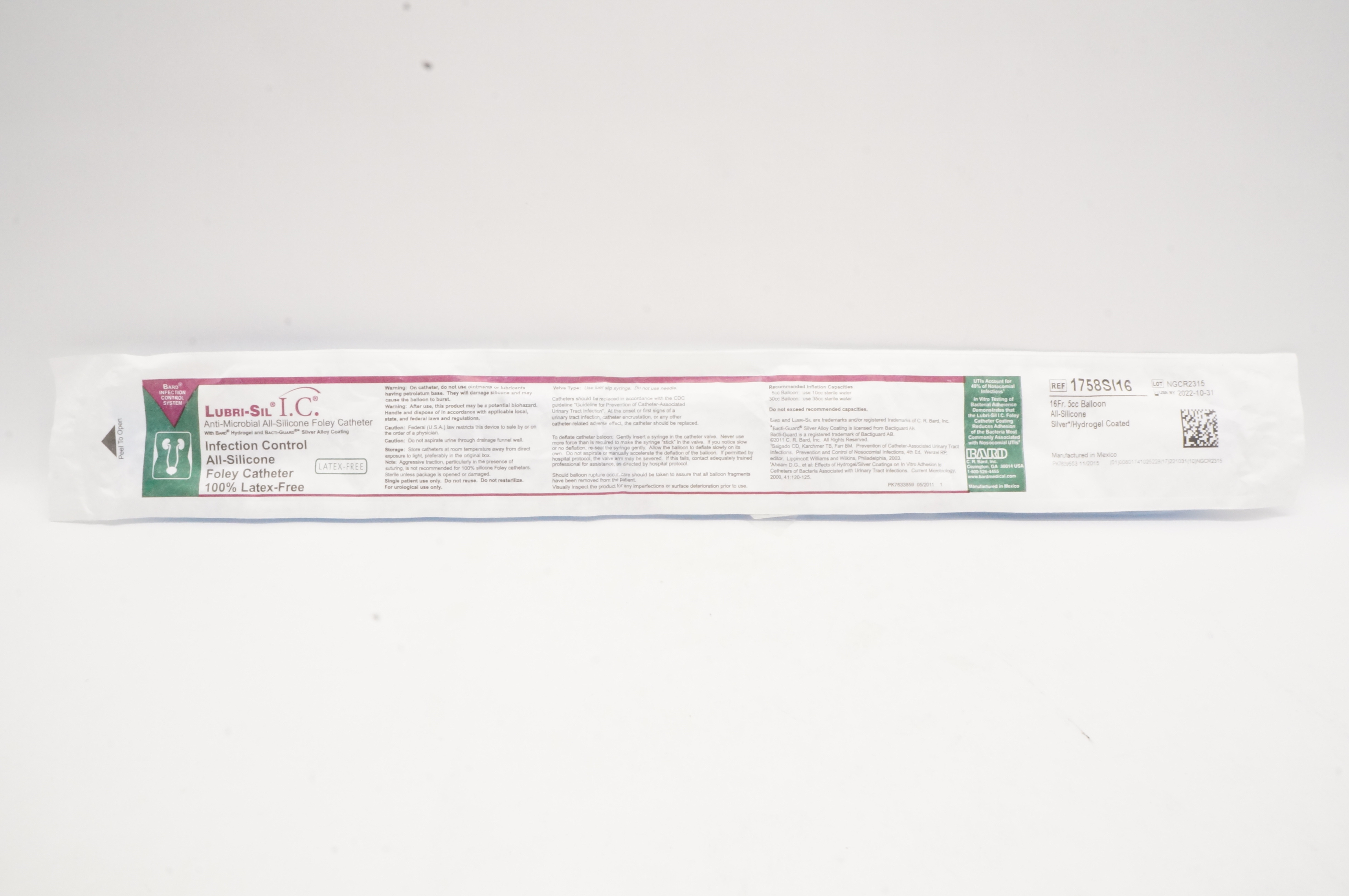 Bard 1758SI16 Lubri-Sil I.C. Anti-Microbial All-Silicone Foley Cath. 16Fr