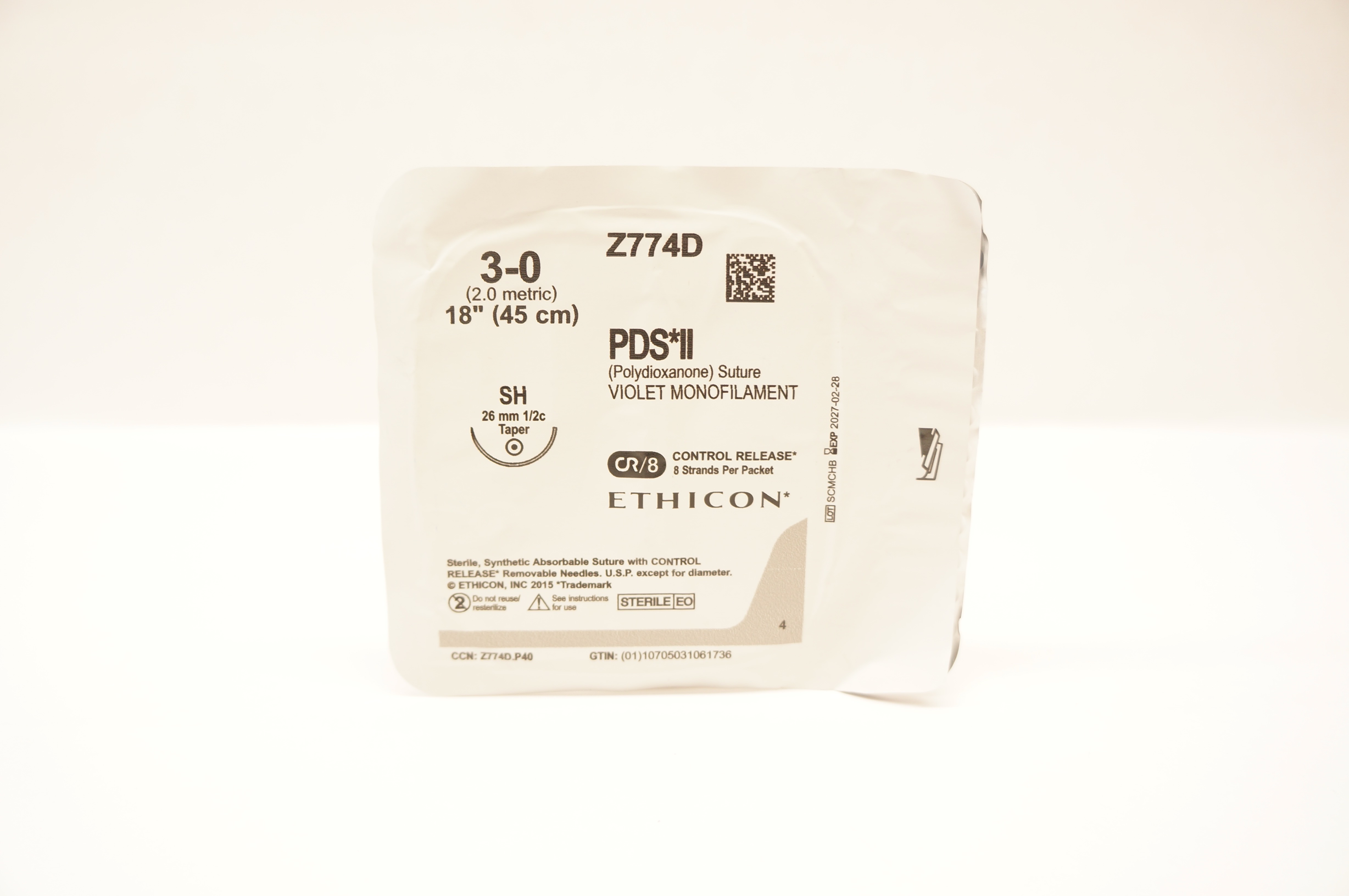 Ethicon Z774D 3-0 PDS II Stre Violet Monofilament SH 26mm 1/2c Taper, 18inch